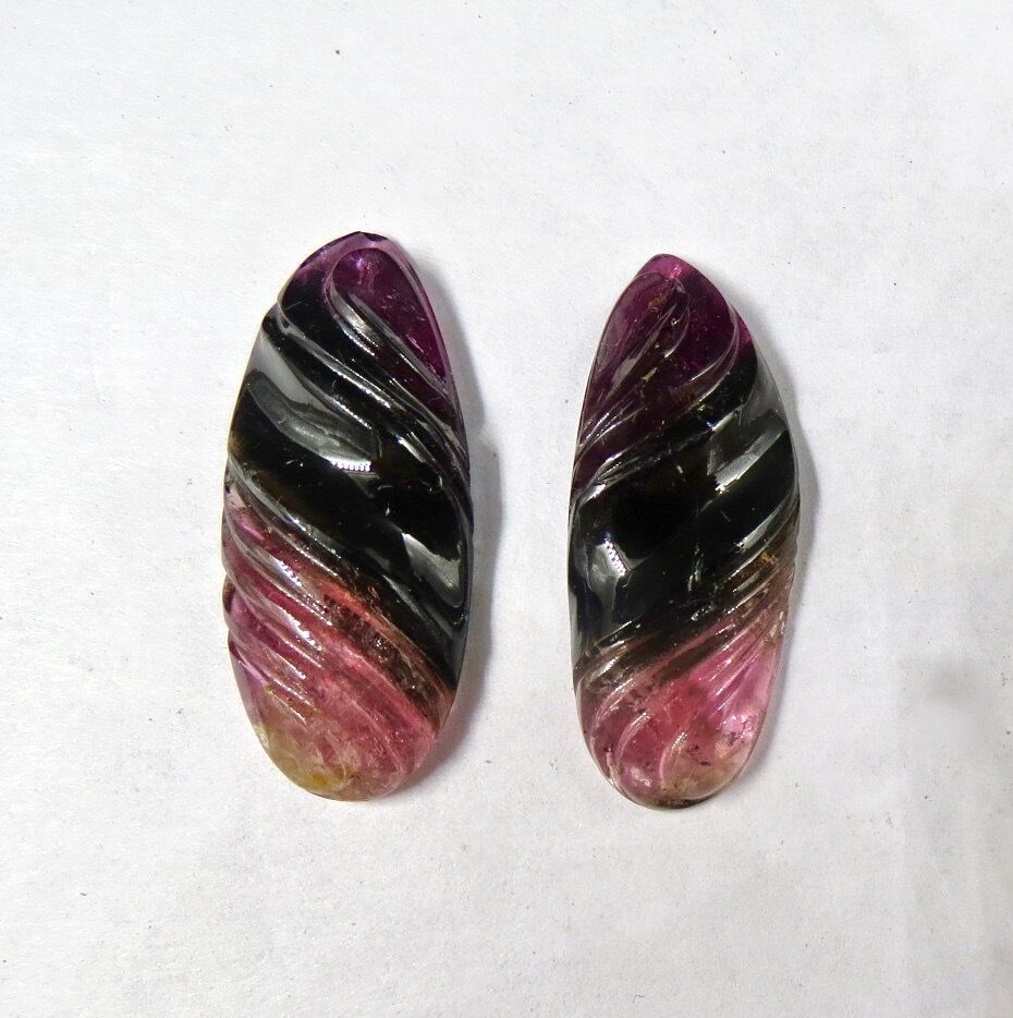 NATURAL MULTI WATERMELON TOURMALINE CARVED PAIR 40 CTS GEMSTONE 32X14MM EARRING