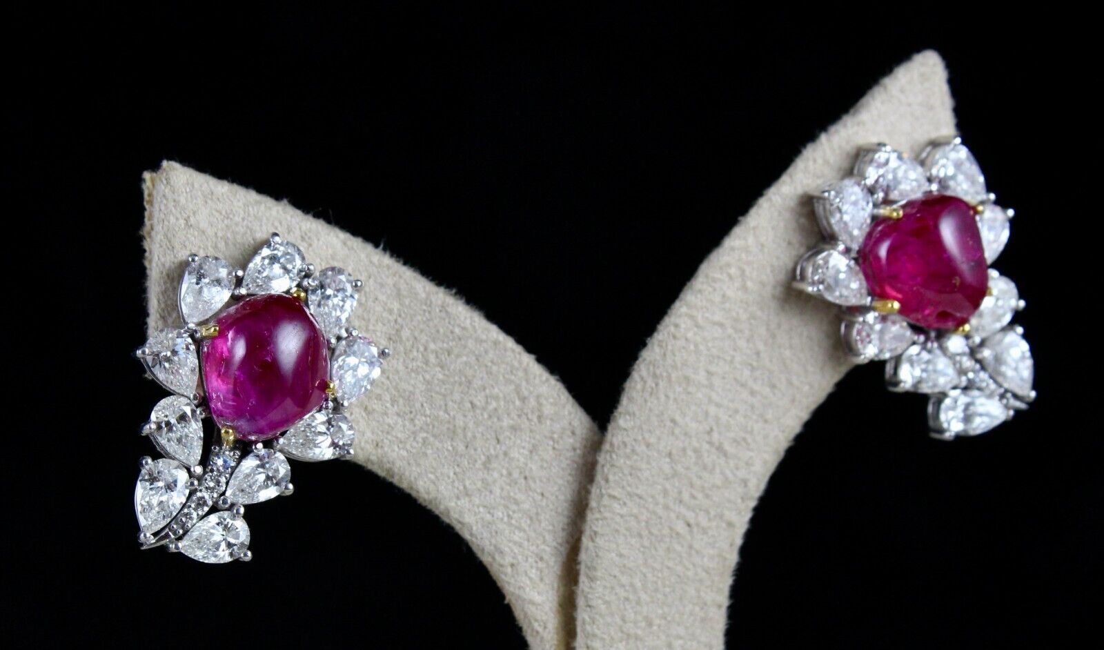 Certified Natural Burma Ruby Cabochon Pear Diamond 18K Gold Stud Earring