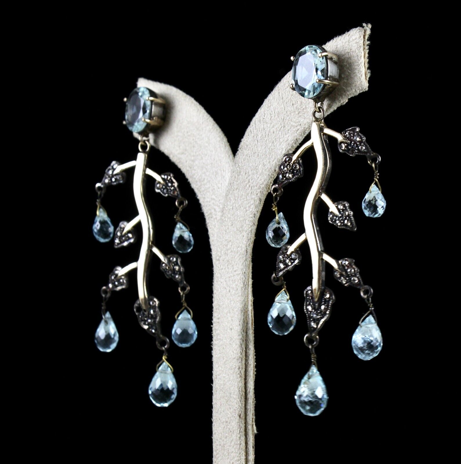 Natural Blue Aquamarine Diamond 18k Gold 925 Silver Ladies Victorian Earring