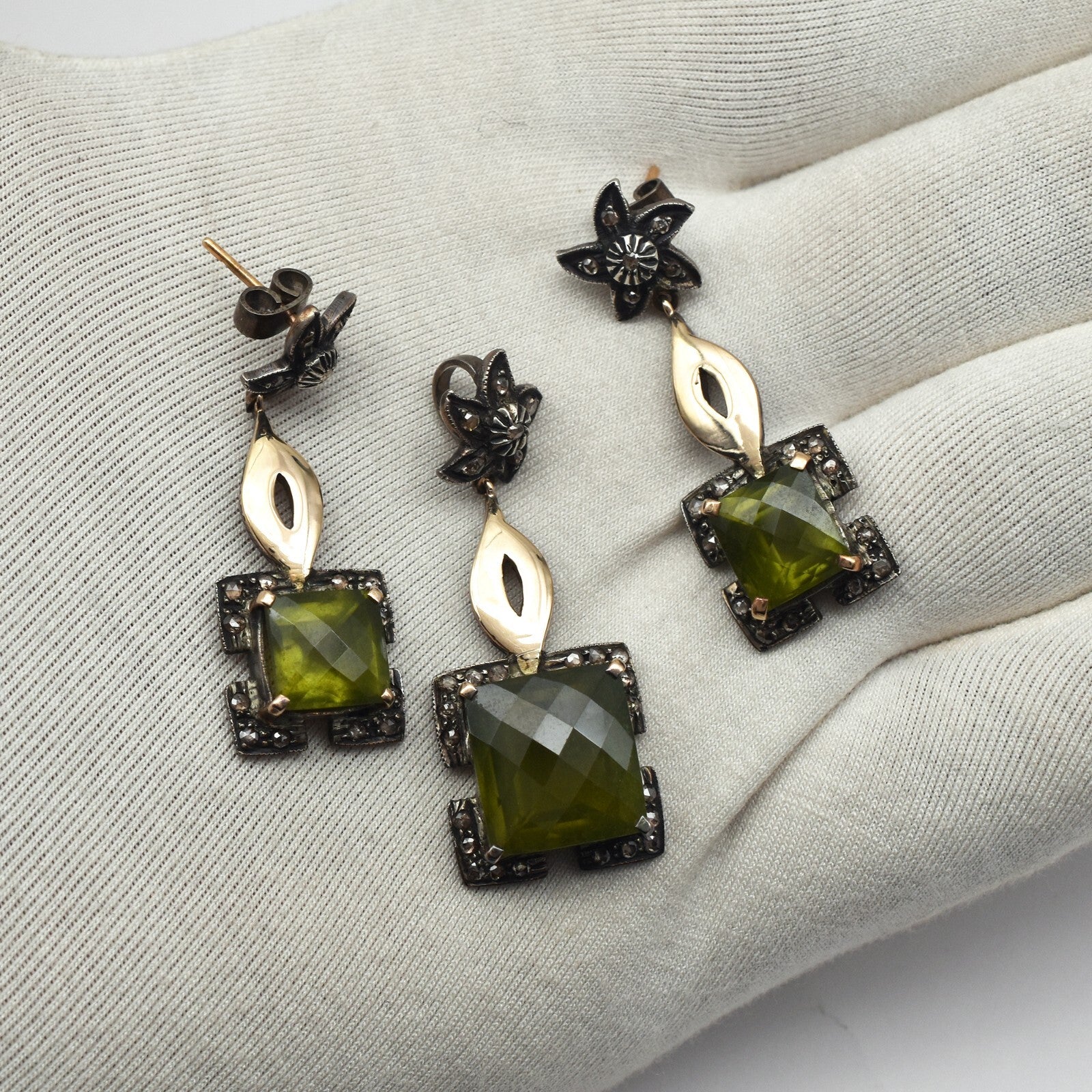 Certified Natural Green Vesuvianite Diamond 10ct Sterling Silver 18k Gold Set