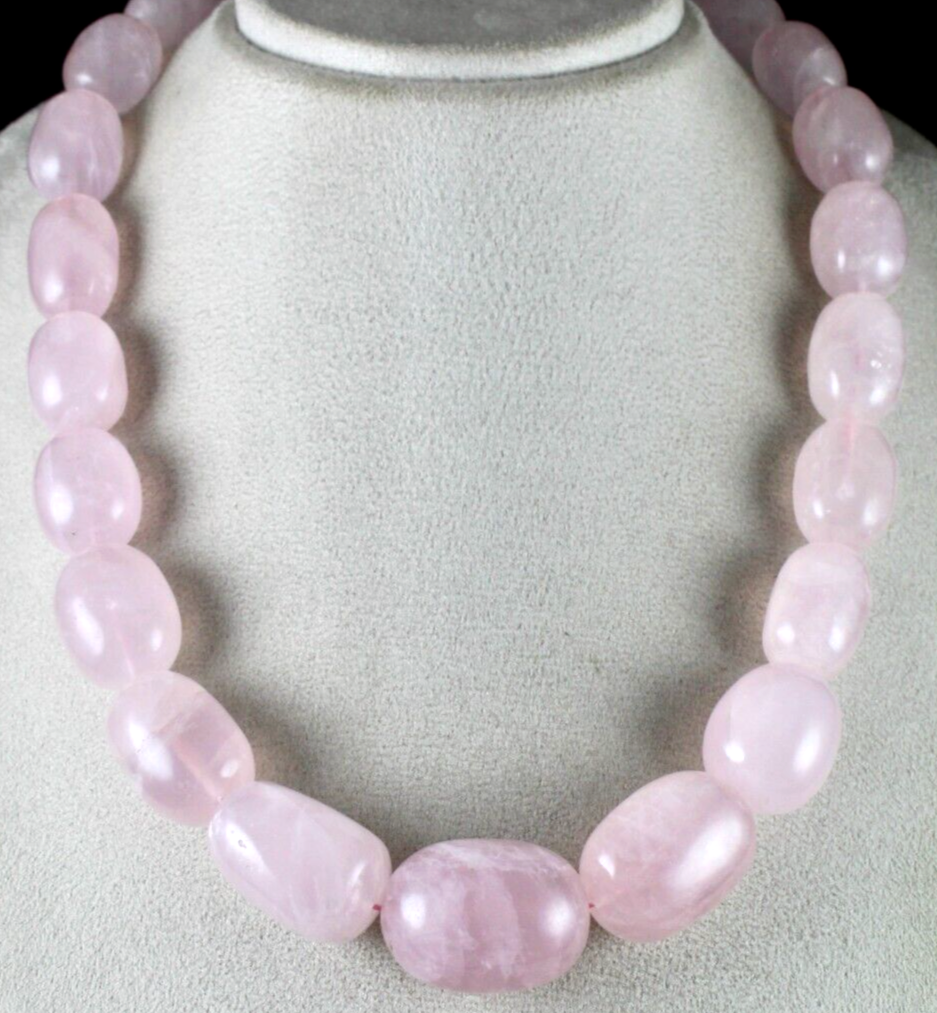 34MM NATURAL ROSE QUARTZ BEADS LONG CABOCHON 1642 CTS GEMSTONE SILVER NECKLACE