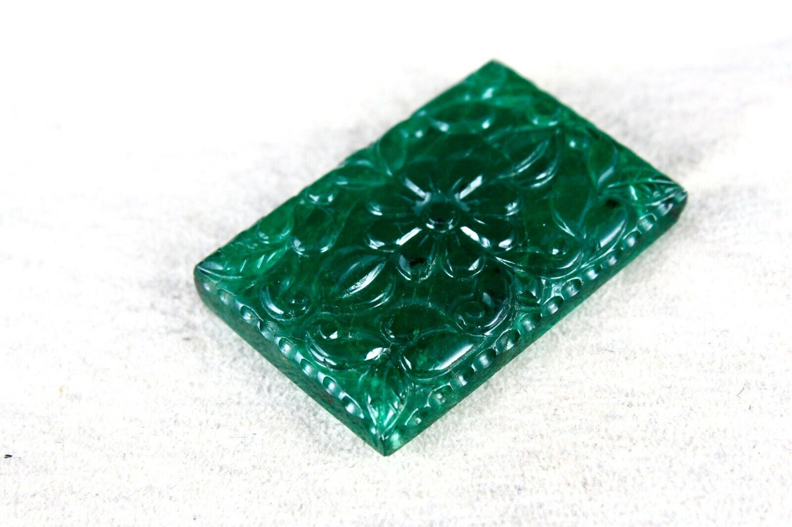 NATURAL ZAMBIAN EMERALD CARVED RECTANGLE 76.67 CARATS 26x38 MM GEMSTONE PENDANT