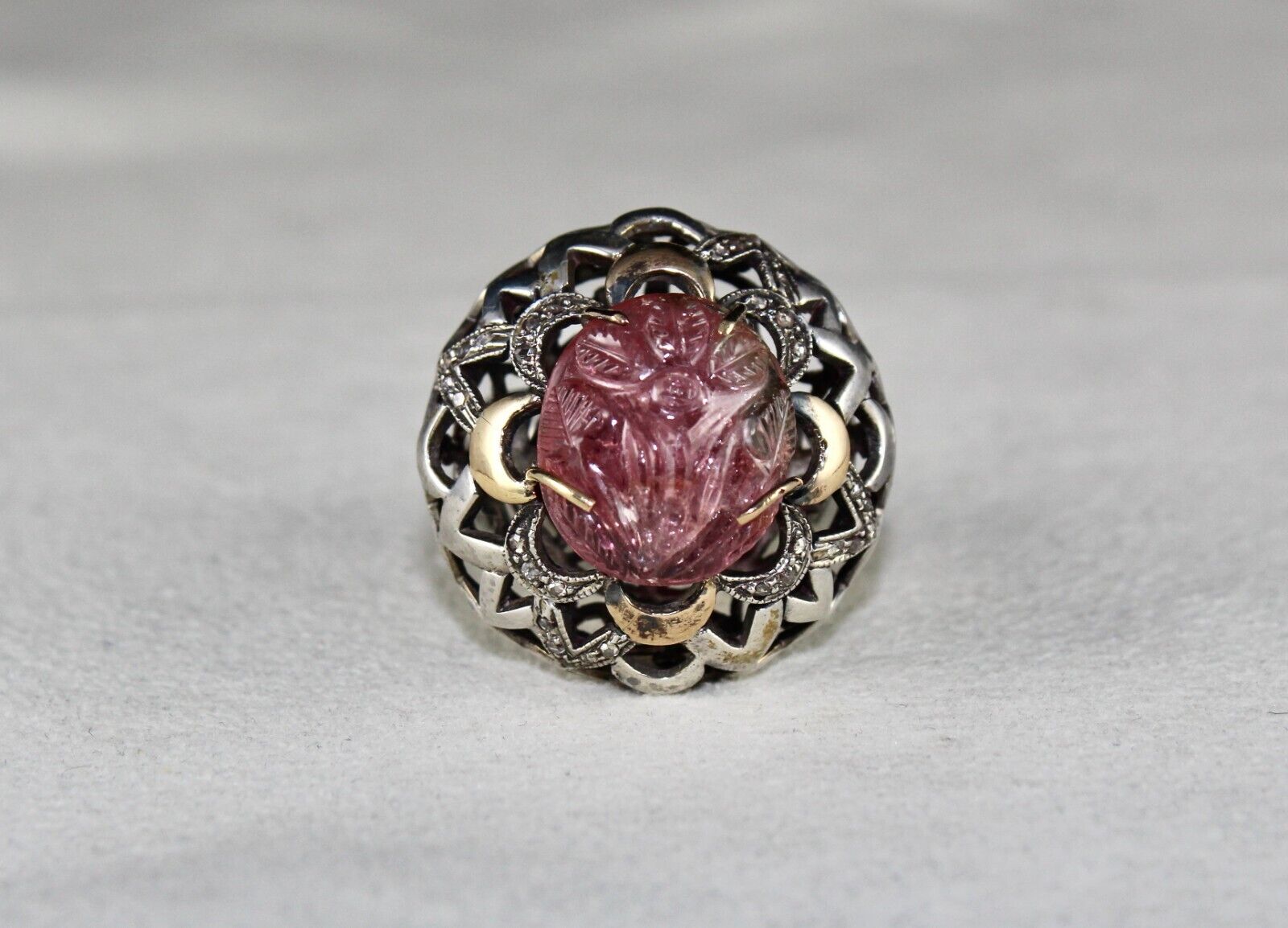 Antique Pink Tourmaline Carved Diamond 18k Gold Silver Cocktail Victorian Ring