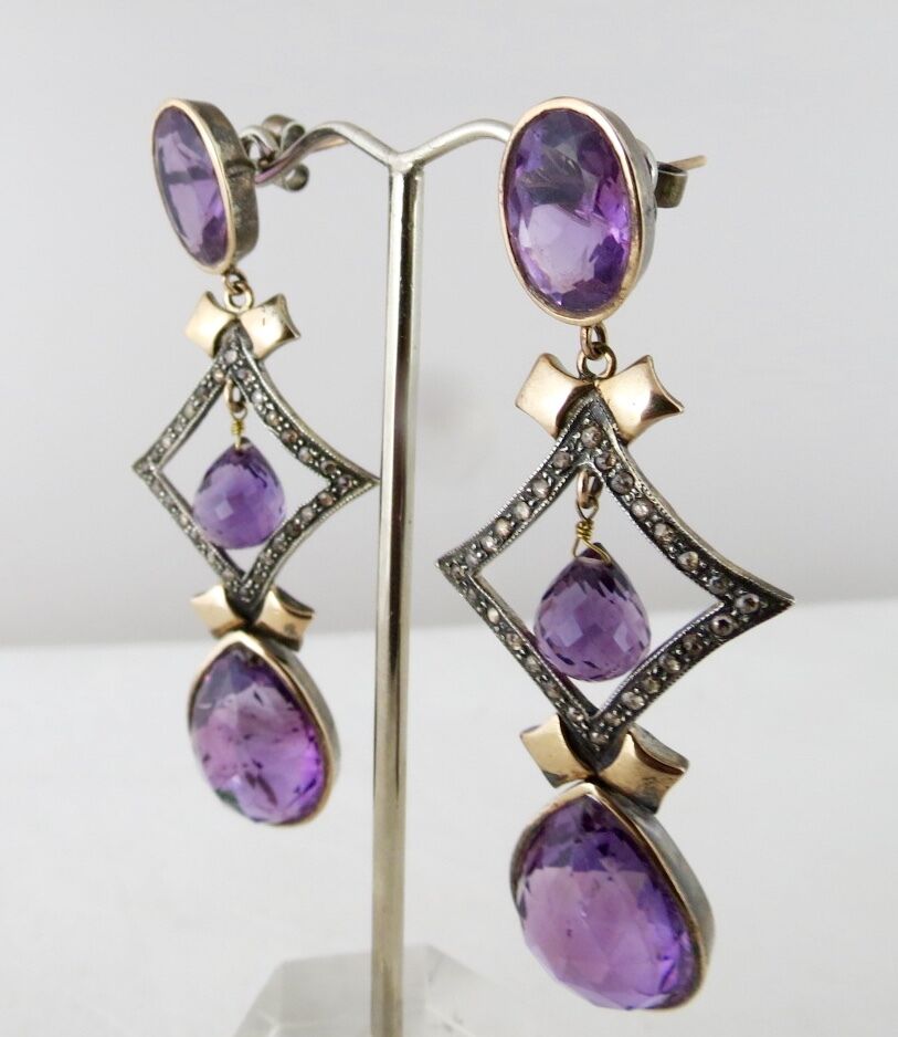 Estate Natural Amethyst Diamond 18 K Gold & 925 Silver Victorian Dangle Earring