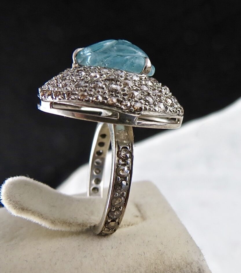 Antique Natural Blue Aquamarine Carved Diamond Gemstone Silver Victorian Ring