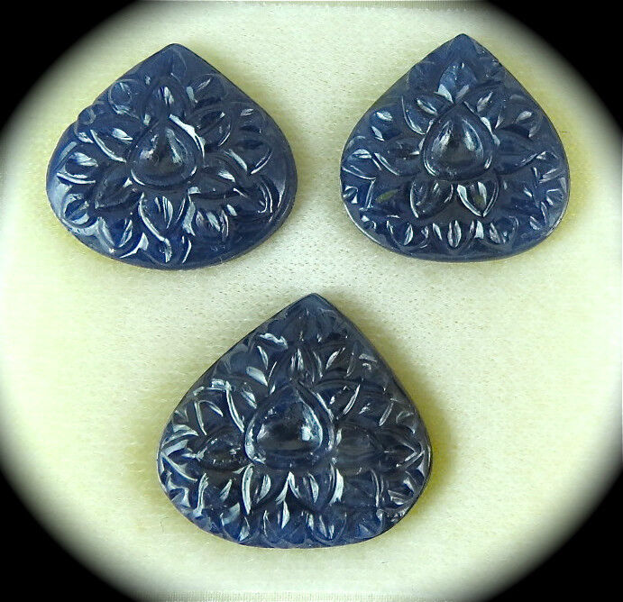 Natural Untreated Blue Sapphire Carved Heart 65 Ct Earring Pendant Gemstone Set