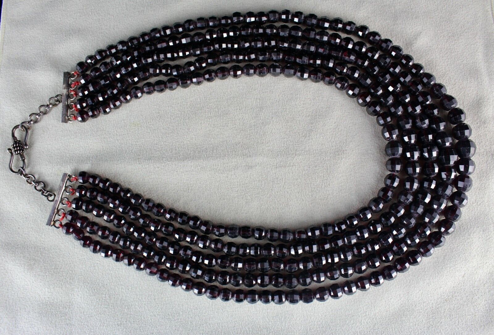 Natural Garnet Beaded Necklace 5 Line 1859 Carats Round Gemstone Silver Clasp