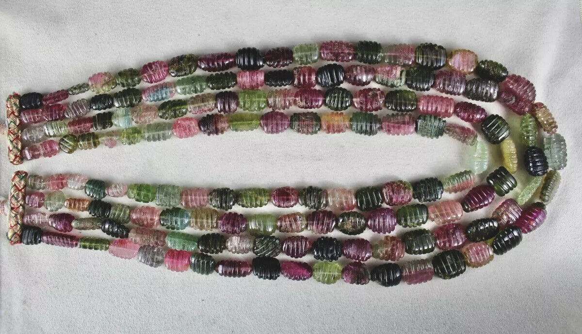 Natural Multi Colour Tourmaline Beads Carved Long 4L 1074 Ct Gemstone Necklace