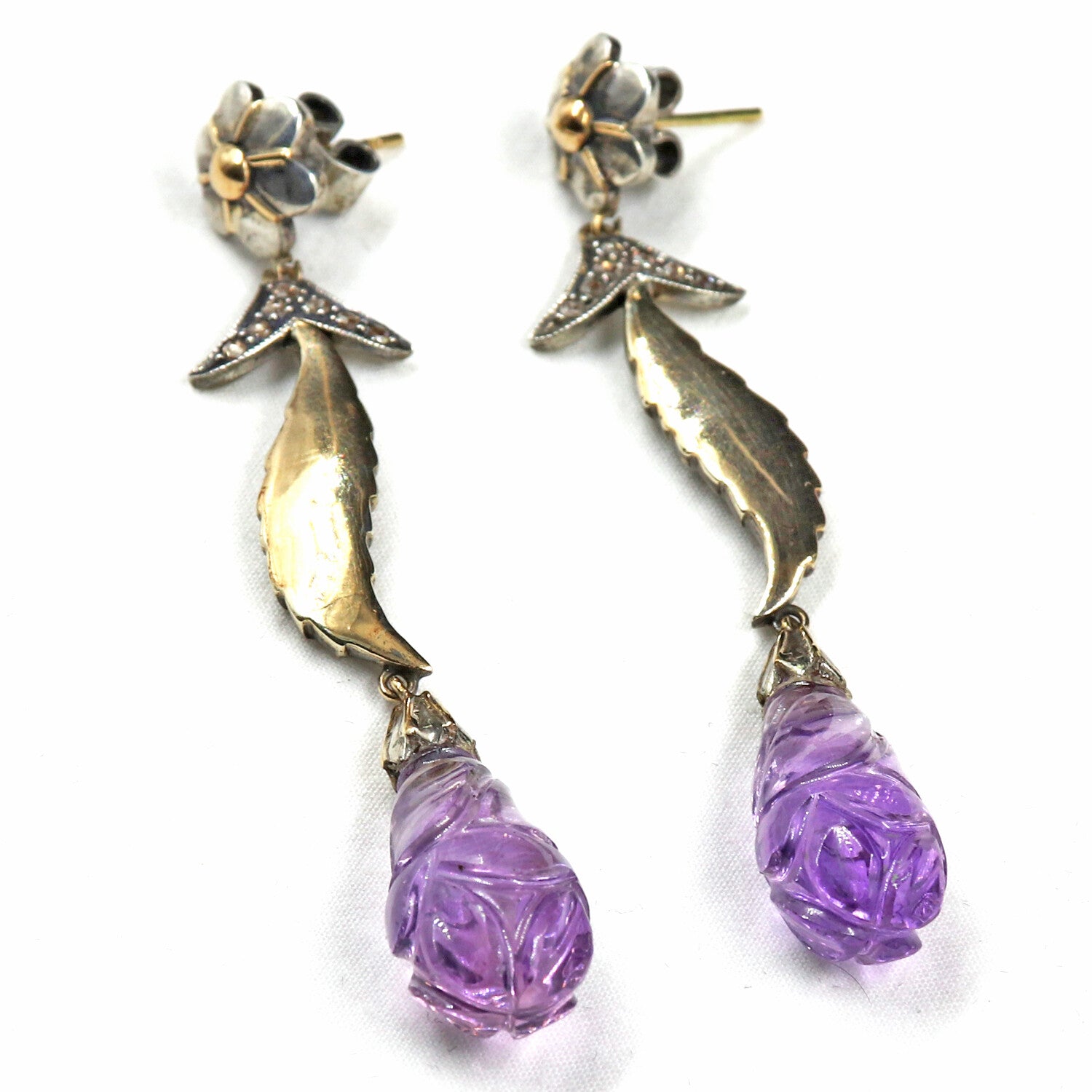 Victorian 18k Gold & 925 Sterling Silver Amethyst 10ct Natural Diamond Earring
