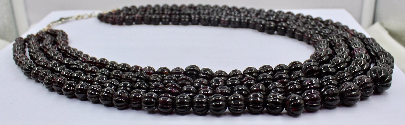 Natural Garnet 2392 Ct Carved Melon Beads Necklace Sterling Silver Hook