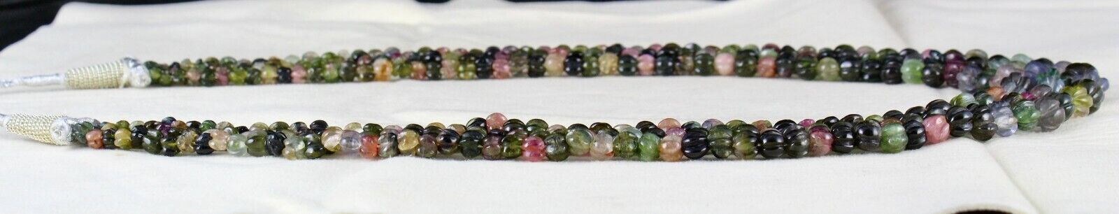 NATURAL MULTI TOURMALINE BEADS CARVED MELON 3 LINE 390 CARATS GEMSTONE NECKLACE