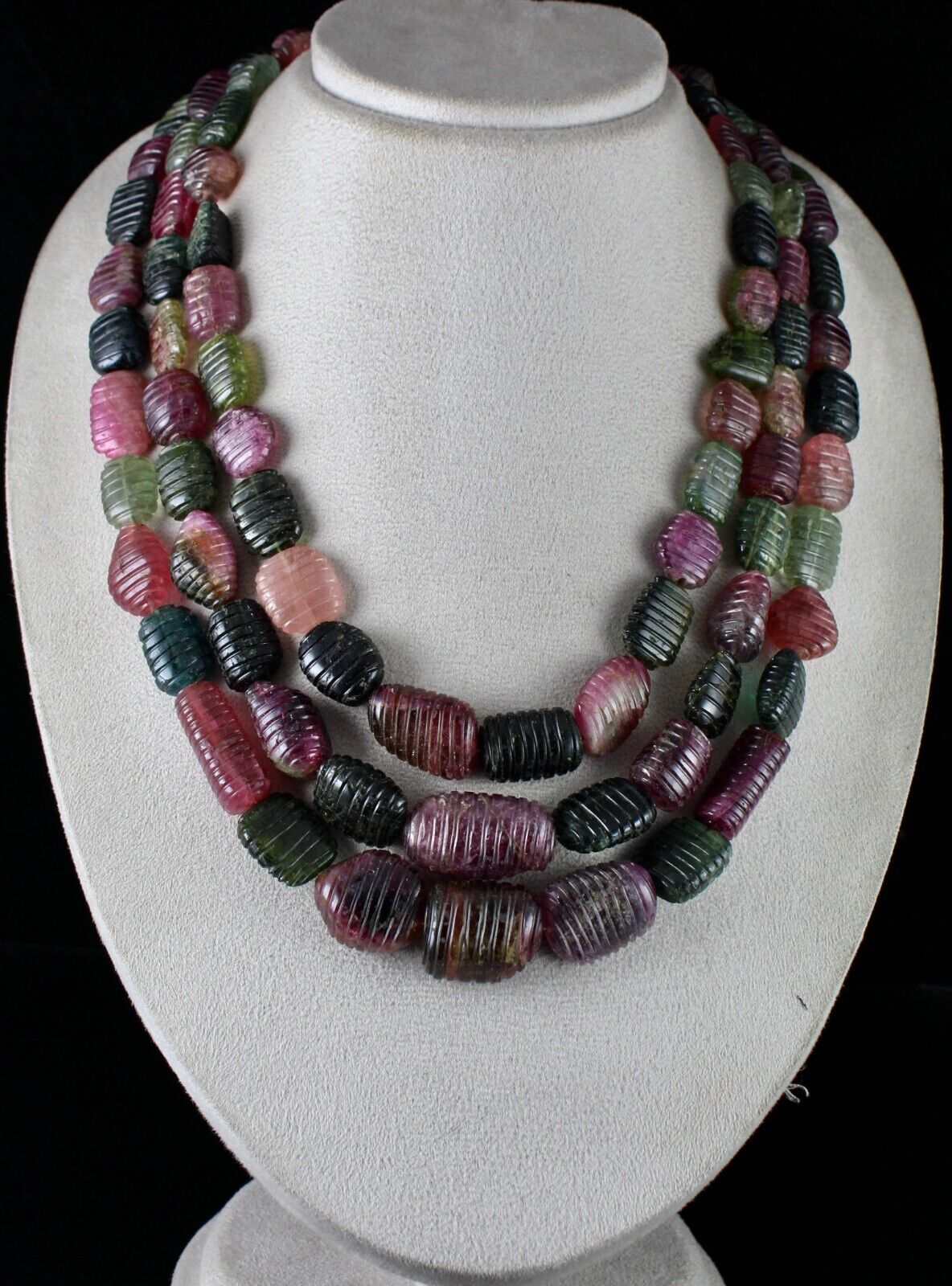 NATURAL MULTI TOURMALINE BEADS CARVED TUMBLE 3 LINE 1942 CTS GEMSTONE NECKLACE