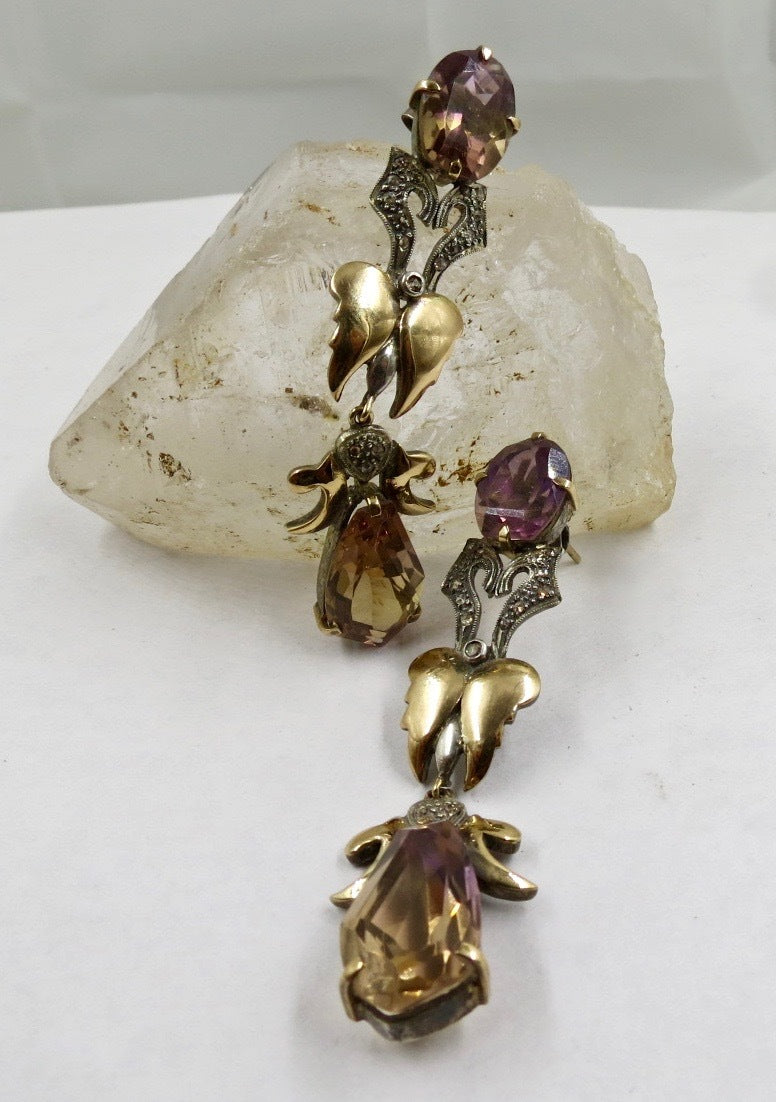 Certified Natural Ametrine 99.67ct Victorian 18k Gold & Sterling Silver Earrings