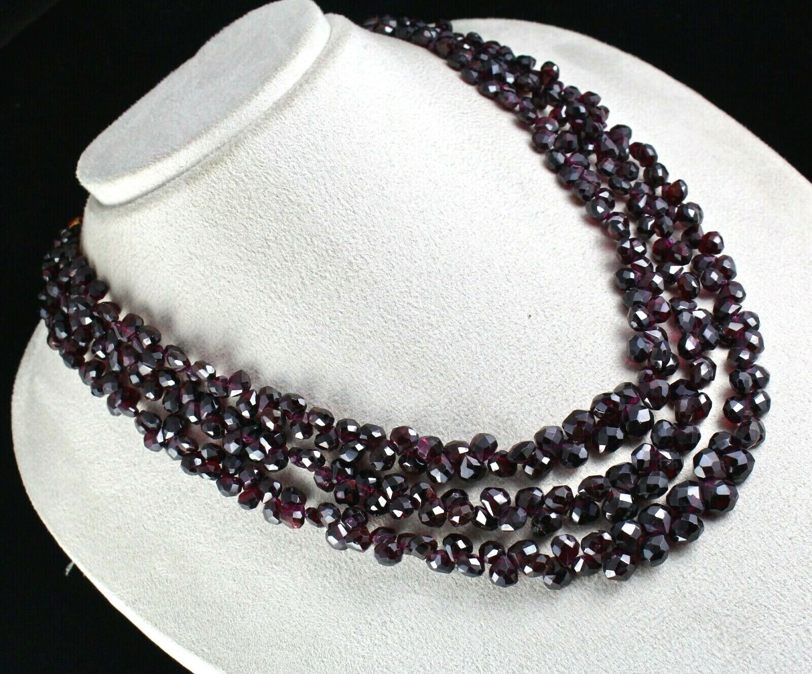 NATURAL GARNET BEADS TEAR DROPS FACETED 3 LINE 866 GEMSTONE FASHION NECKLACE 