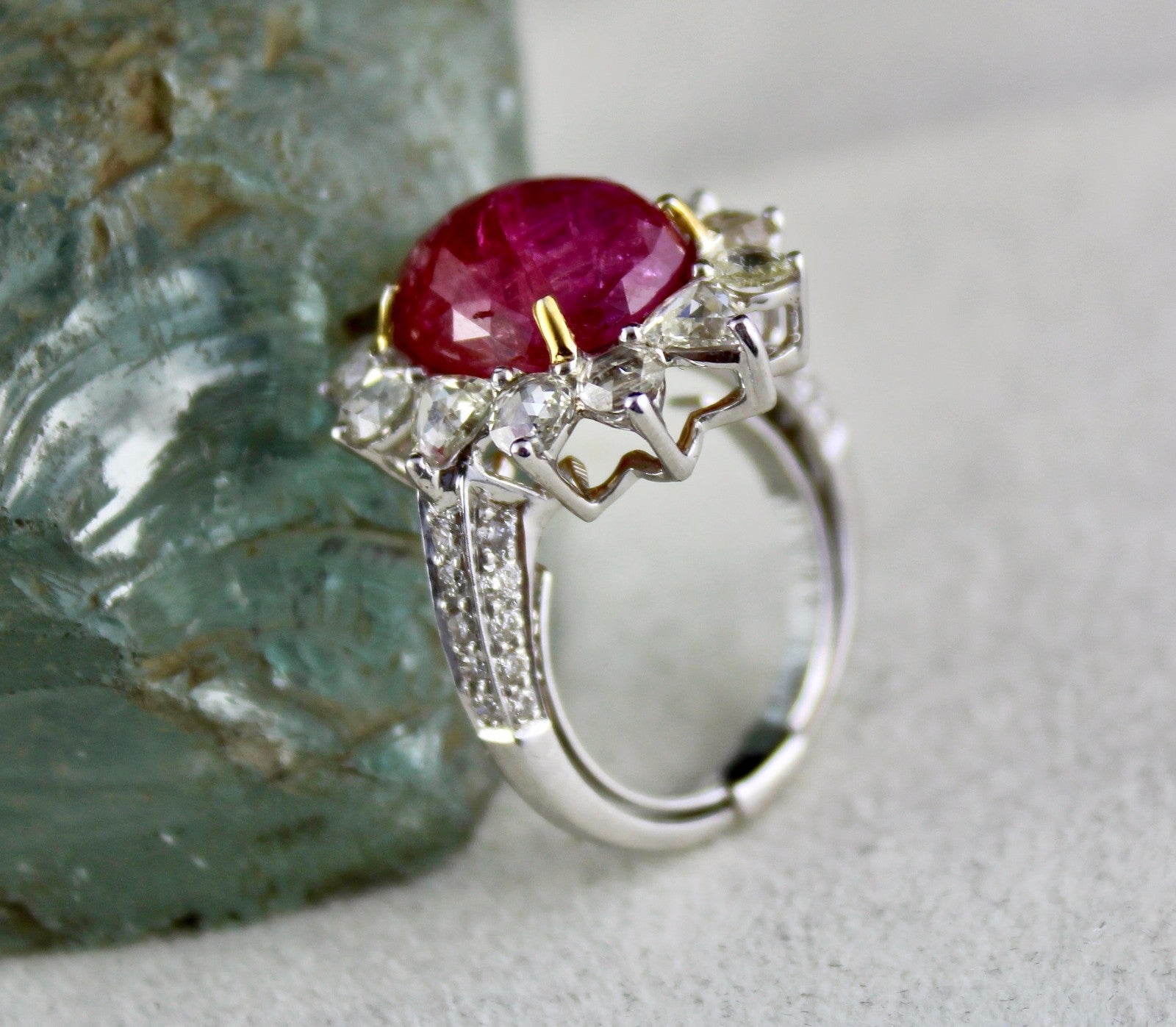 Certified Natural Burma Ruby Cabochon 10ct Diamond 18k White Gold Ring