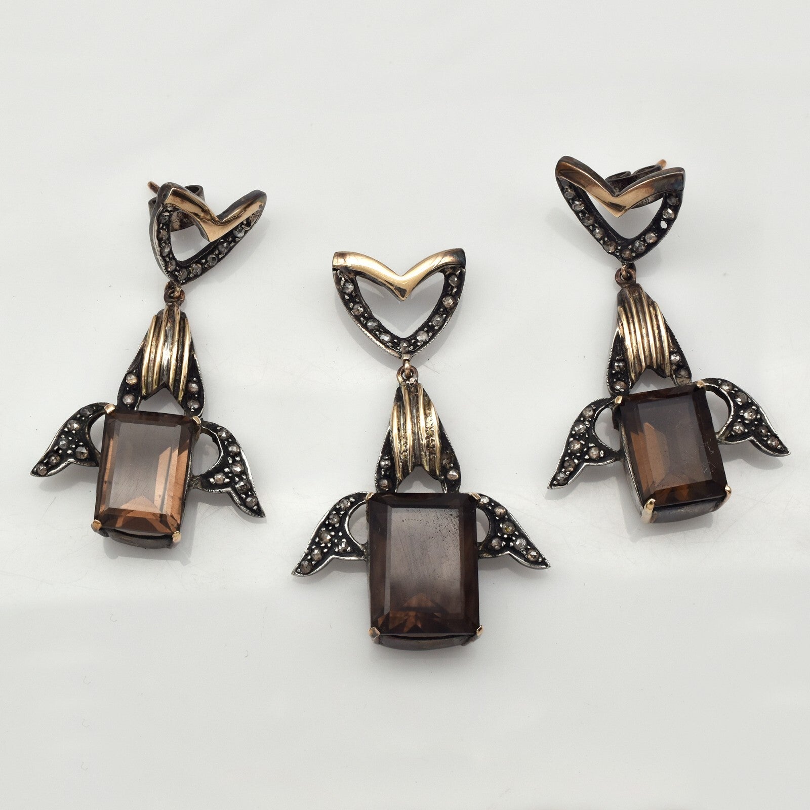 Fine Natural Smoky Quartz 10ct Natural Diamond Sterling Silver Gold Pendant Set