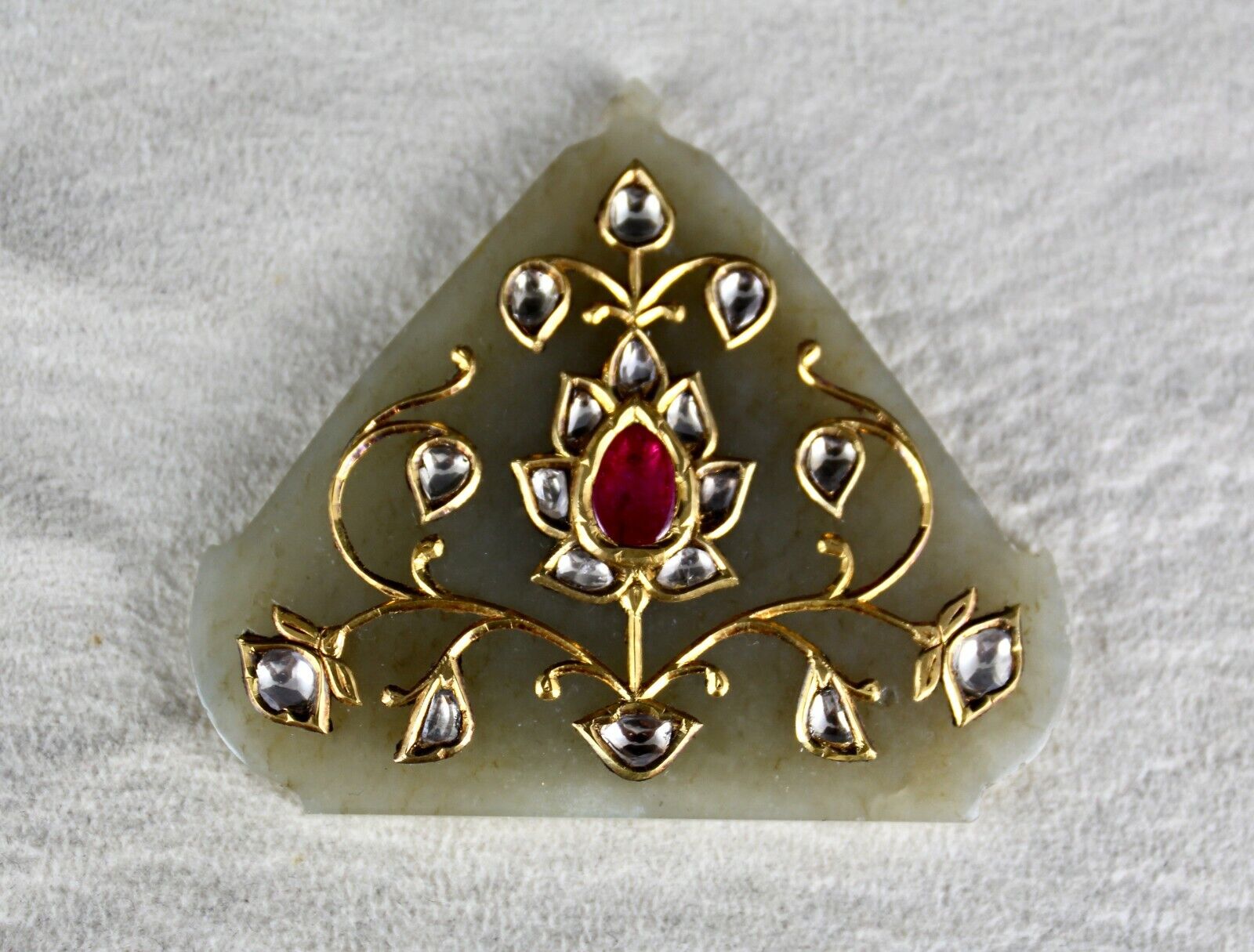 ANTIQUE PERSIAN NEPHRITE JADE FLAT DIAMOND NATURAL RUBY 22K YELLOW GOLD PENDANT