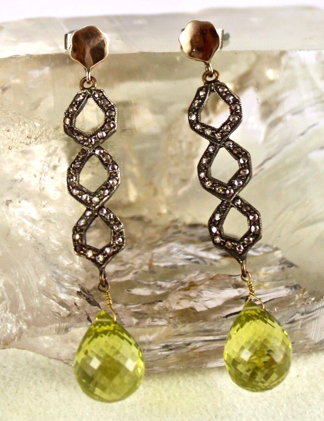 Estate 26ct Lemon Quartz Briolette Natural Diamond 18k Gold Victorian Earrings