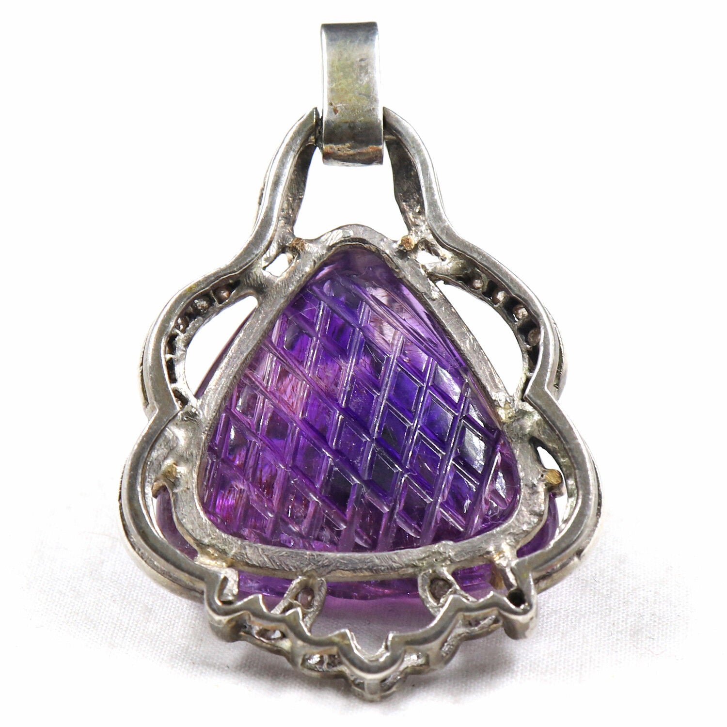 ANTIQUE NATURAL AMETHYST CARVED DIAMOND VICTORIAN PENDANT IN 925 SILVER & GOLD