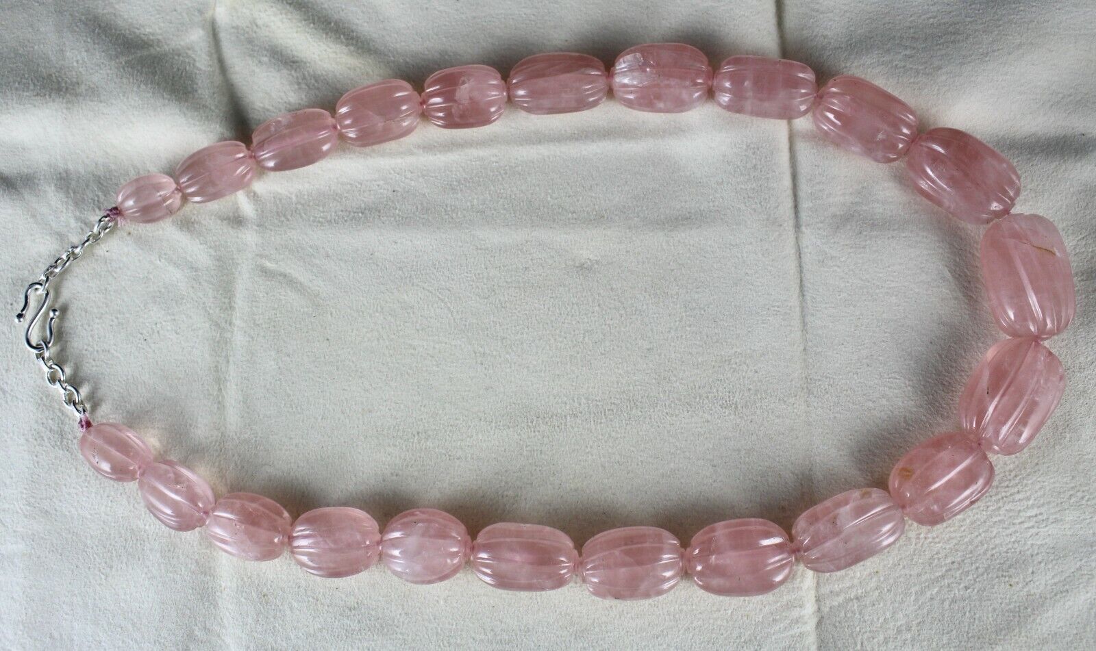 NATURAL ROSE QUARTZ MELON CARVED LONG BEADS 903 CARATS GEMSTONE SILVER NECKLACE