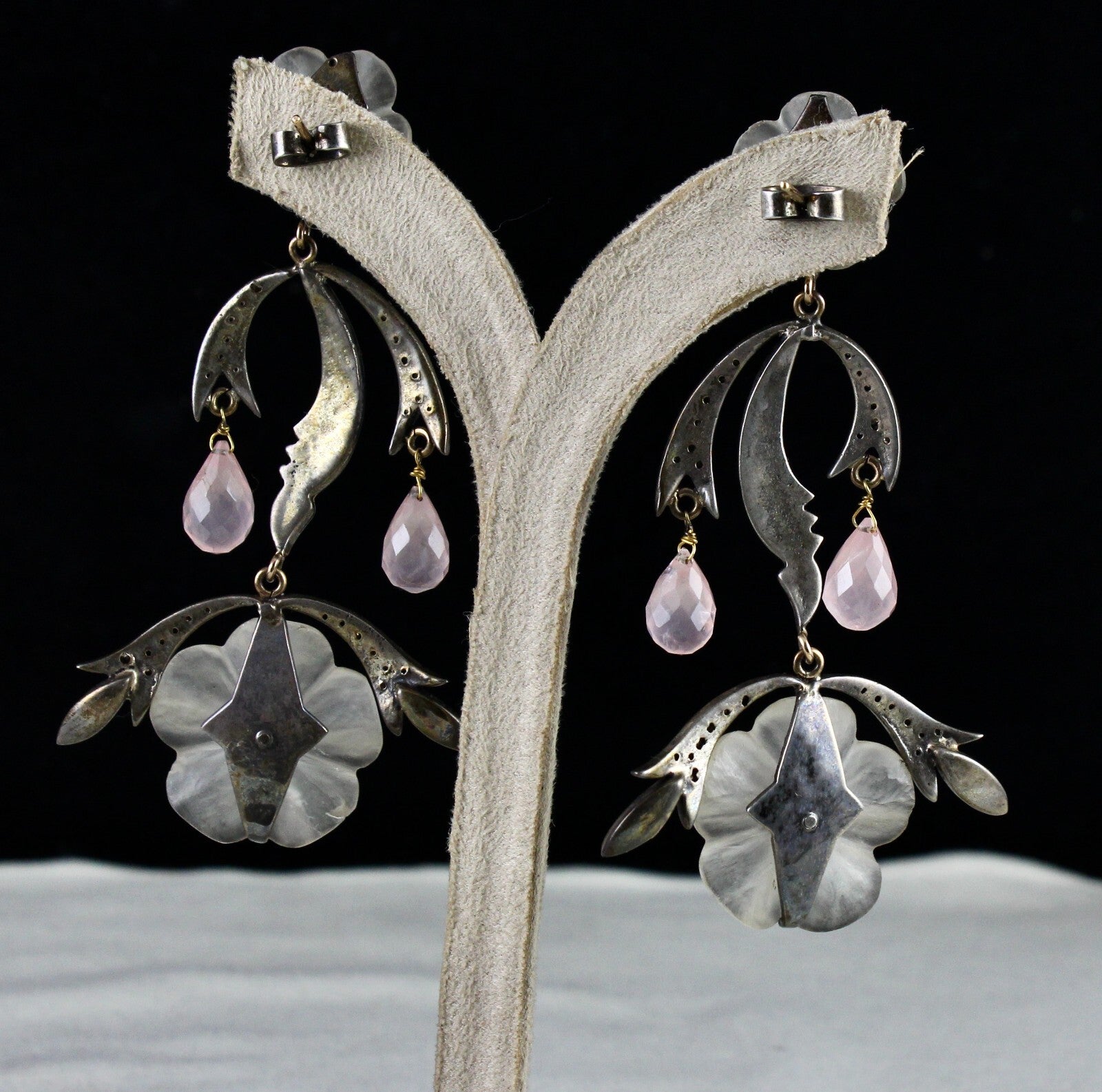 Natural Crystal & Rose Quartz 162.5ct Diamond 18k Gold Sterling Silver Earring