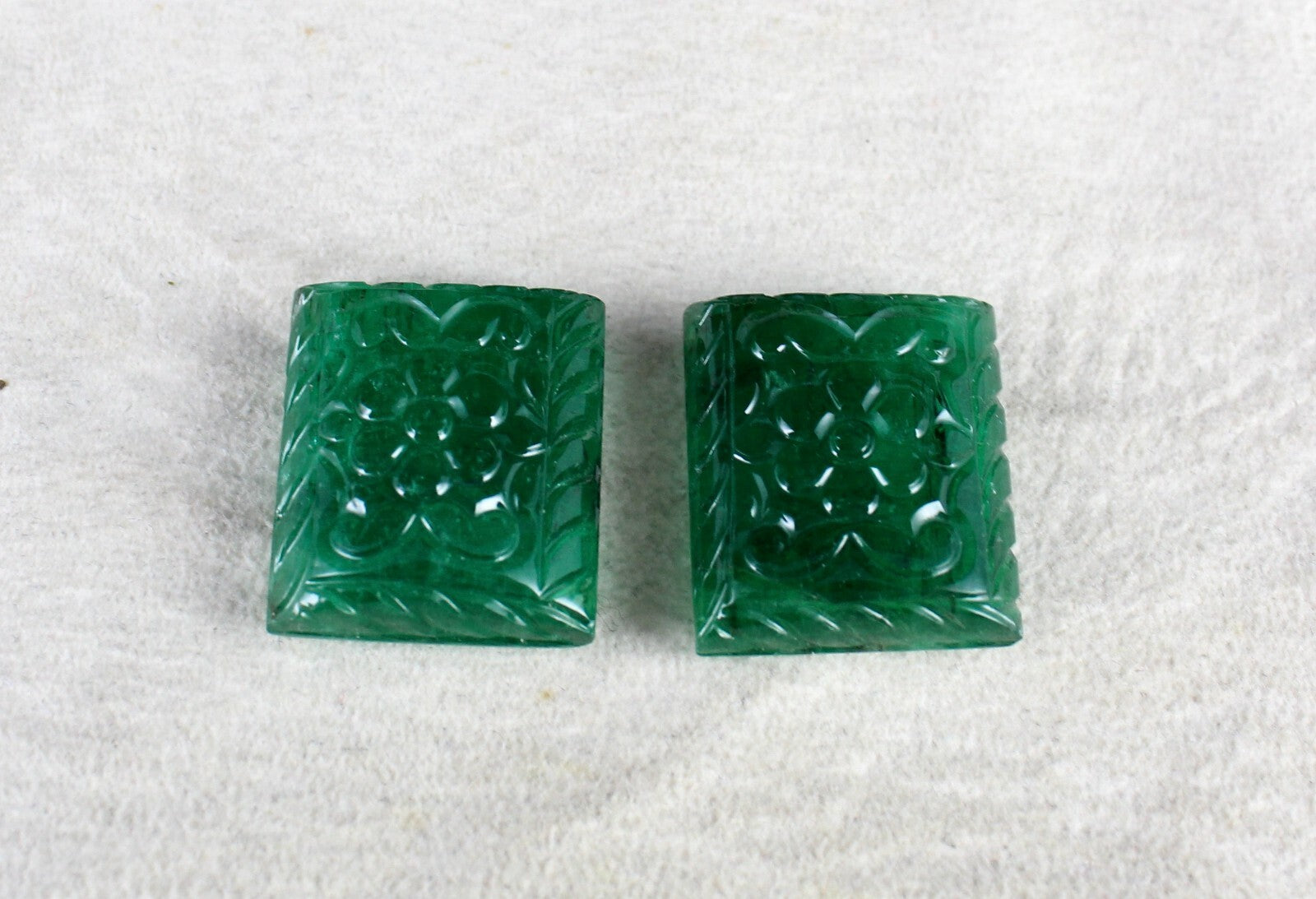 Certified Natural Emerald Mughal Carved 20x18mm 65.45ct Gemstone Earrings Pair