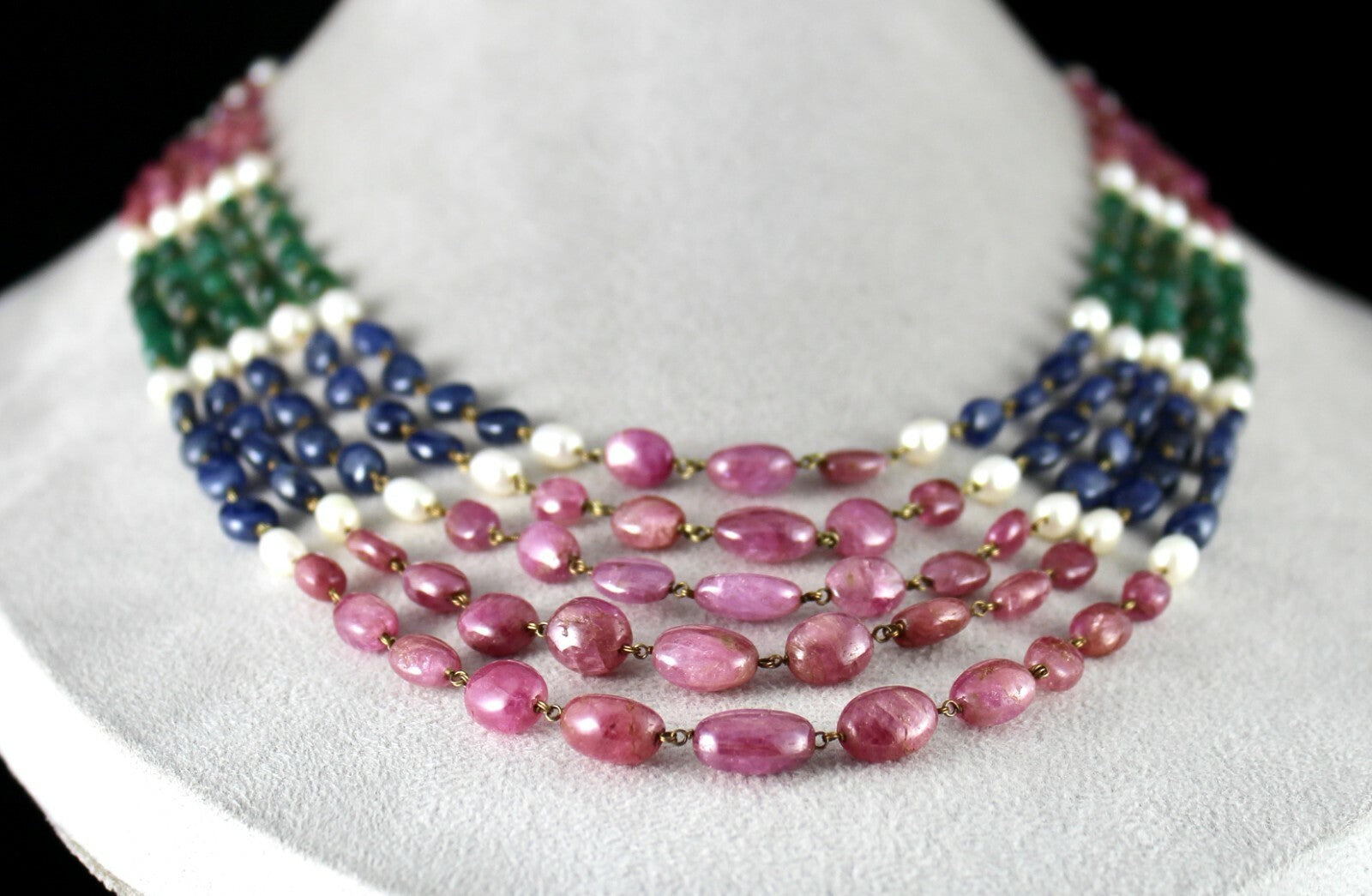 Certified 505 Ct Natural Ruby Blue Sapphire Emerald Pearl 18k Gold Necklace