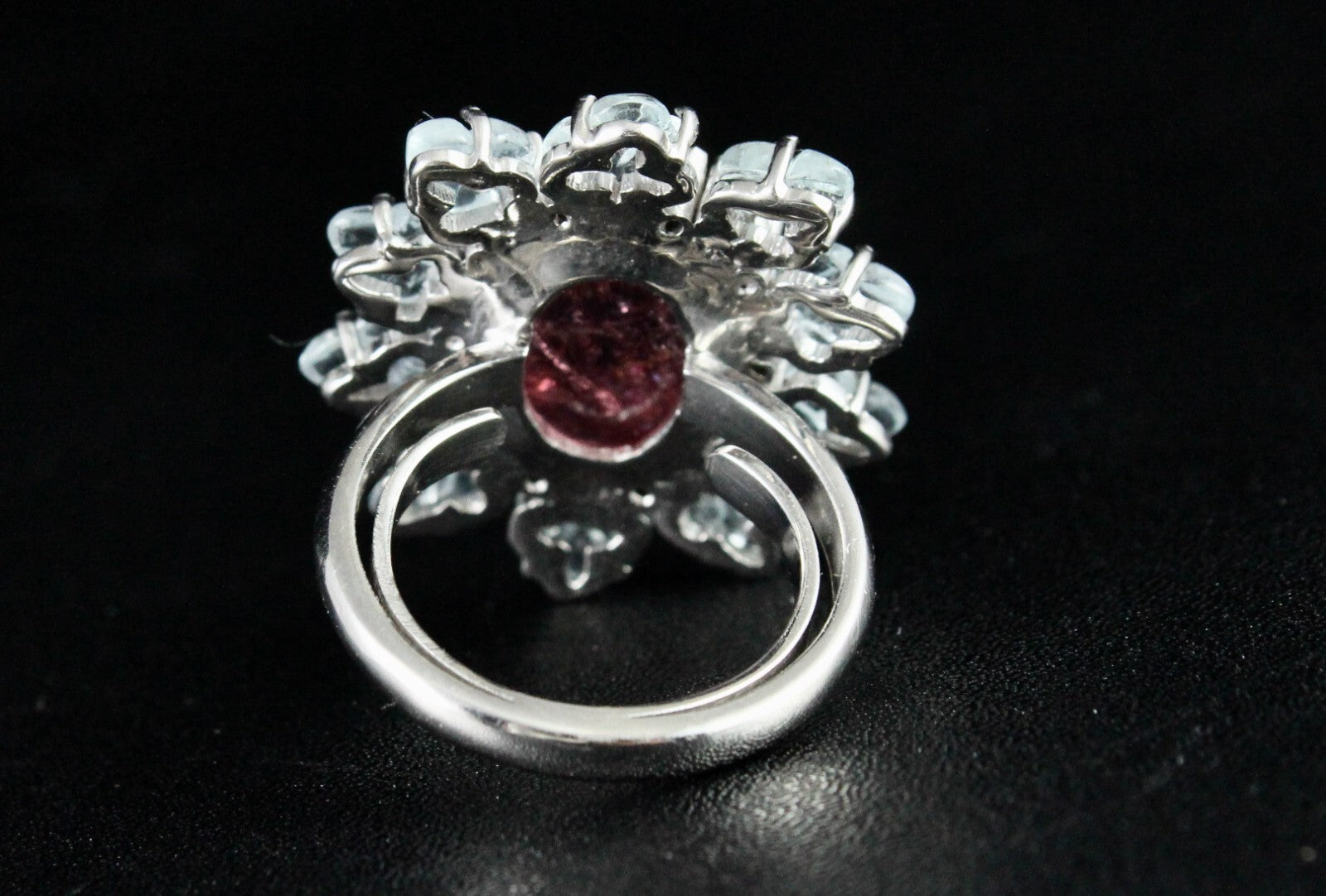 Antique Pink Tourmaline 10ct Aquamarine Carved Sterling Silver Victorian Ring