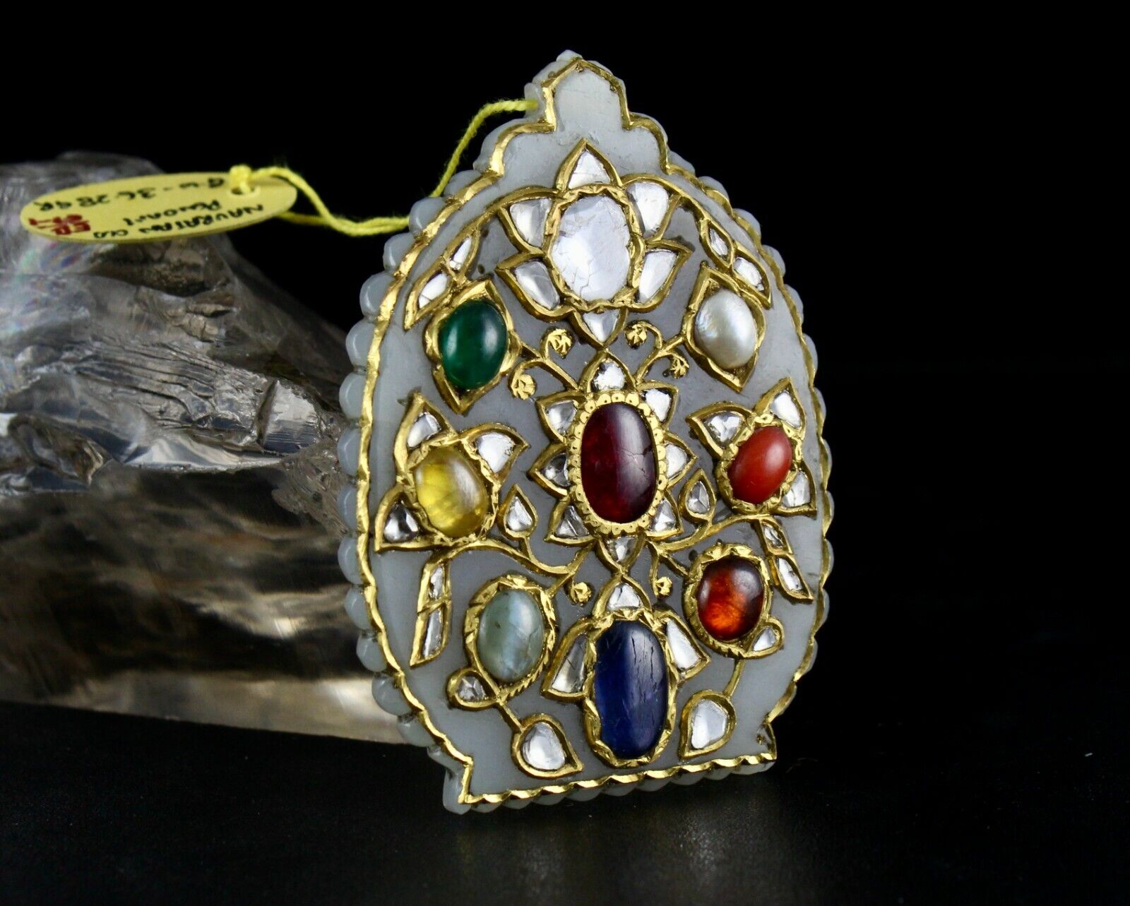 OLD NEPHRITE JADE MUGHAL PRECIOUS NAVRATAN STONE FLAT DIAMOND 22K GOLD PENDANT