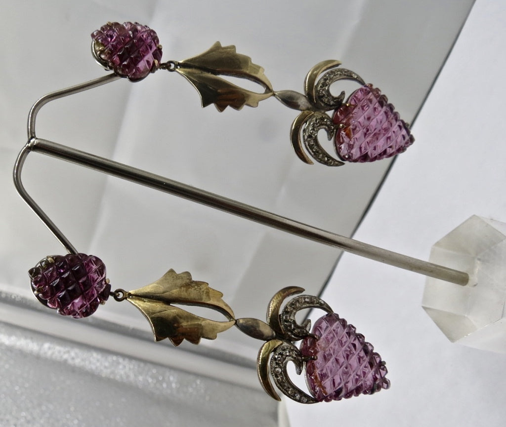 Certified Natural Pink Tourmaline 10ct Carved Diamond Sterling Silver Earrings