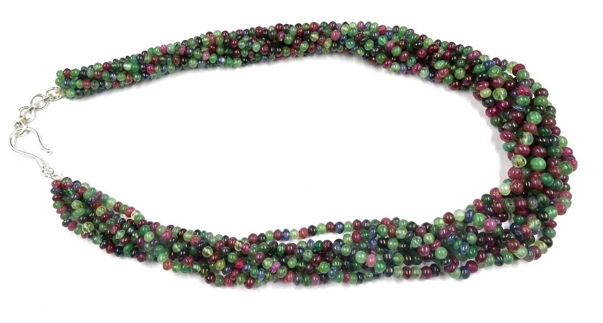 Certified Natural Emerald Ruby Sapphire Beaded Necklace 631 Ct Sterling Silver