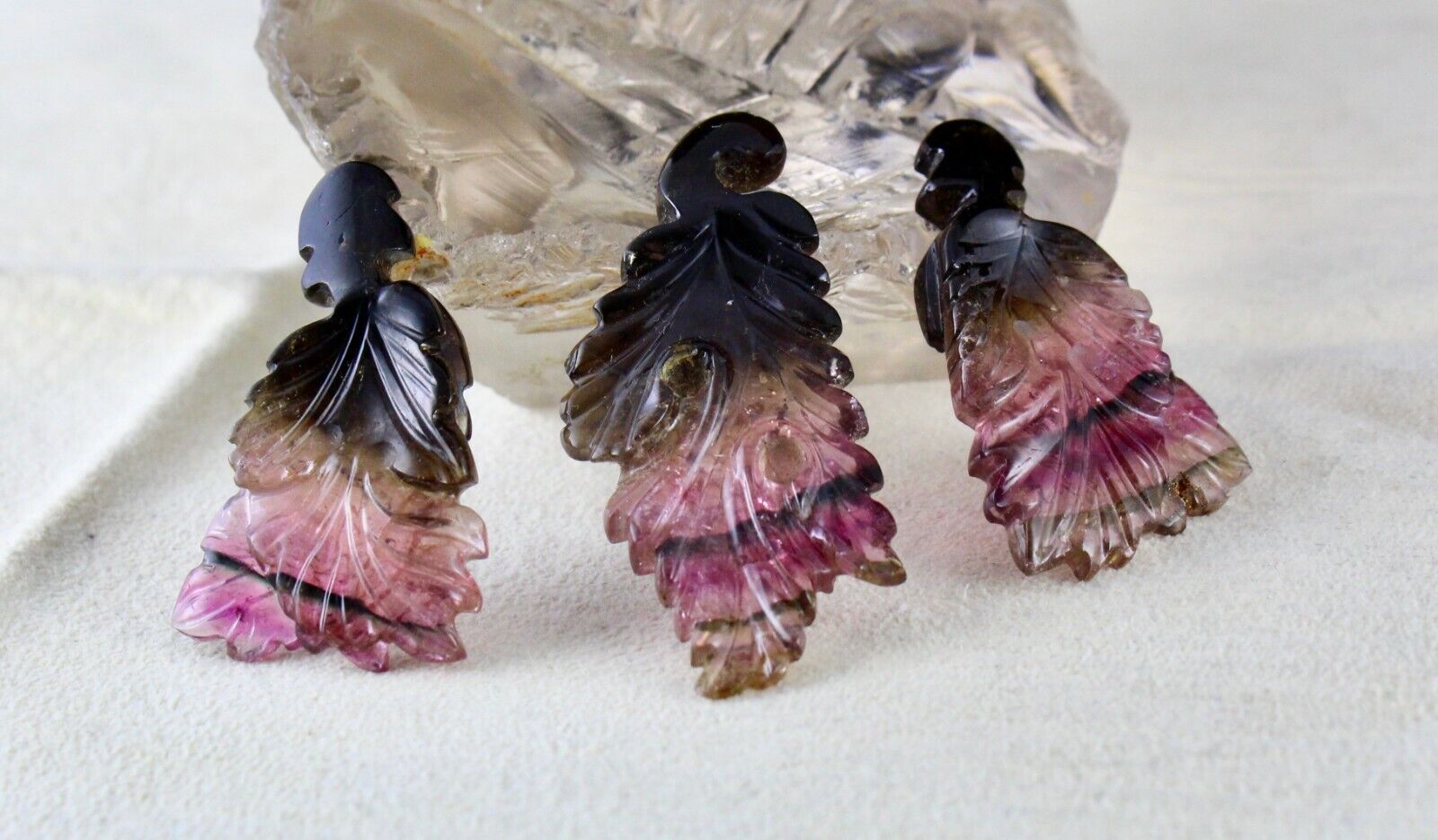 NATURAL MULTI TOURMALINE CARVED LEAVES 3 PCS 108 CTS GEMSTONE EARRING PENDANT