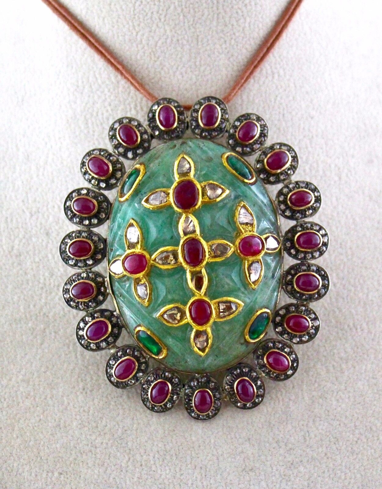 ANTIQUE NATURAL GREEN EMERALD QUARTZ RUBY DIAMOND 18K GOLD PENDANT IN 925 SILVER