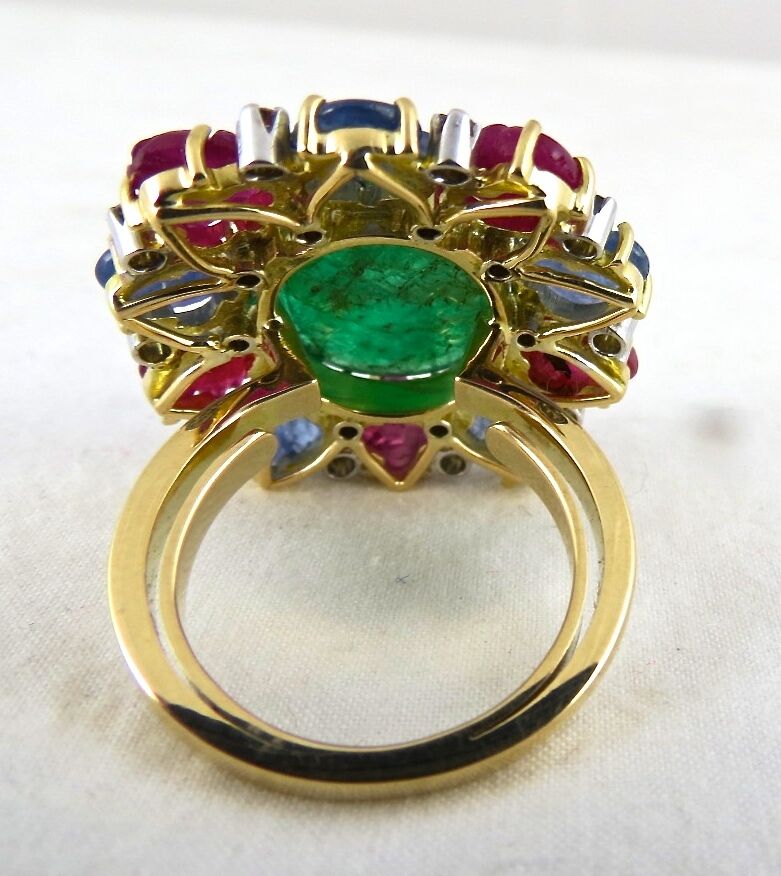 Natural Untreated Emerald Ruby Blue Sapphire Carved Diamond 18K Gold Fine Ring