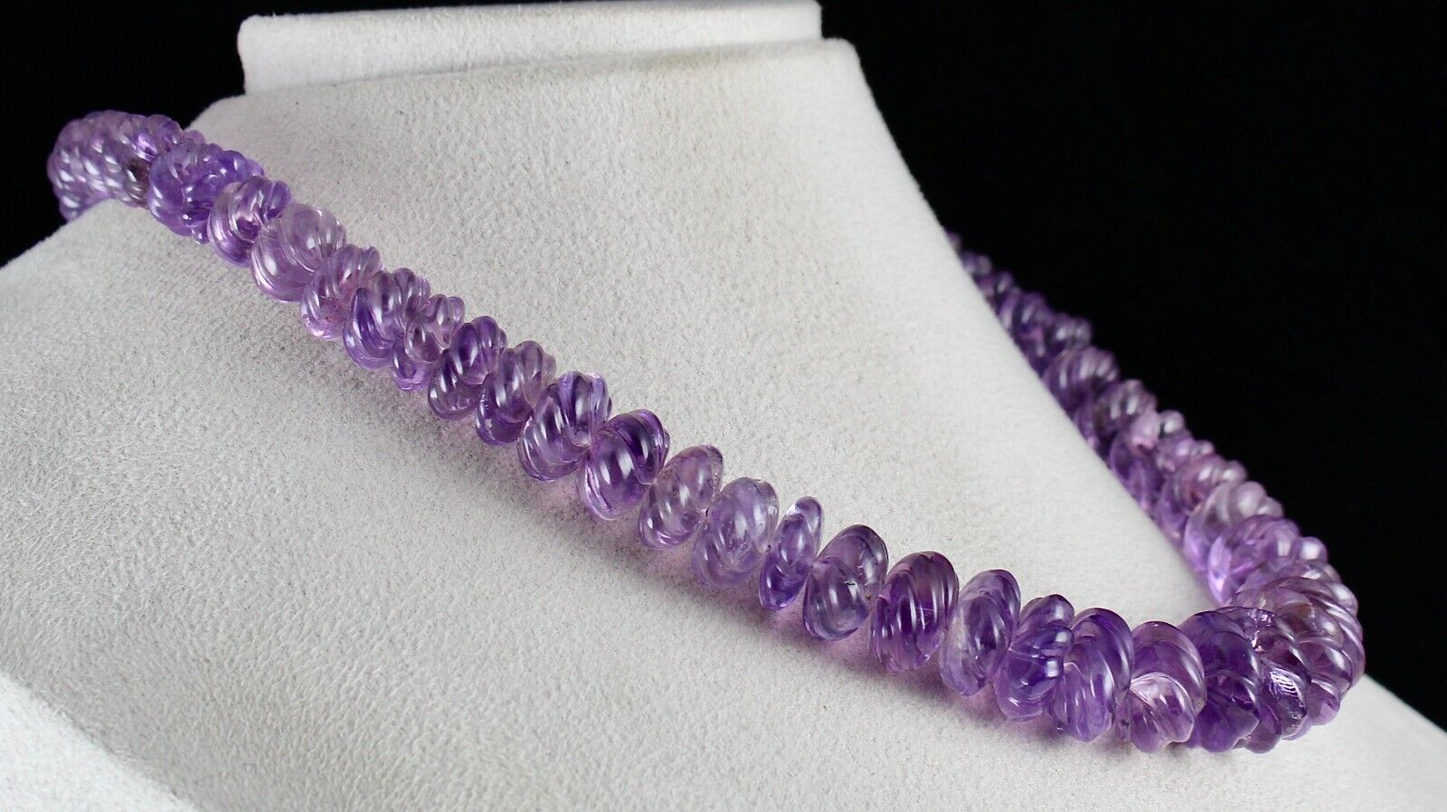 Natural Amethyst Beads Carved Round 703 Ct Gemstone Silver Vintage Necklace