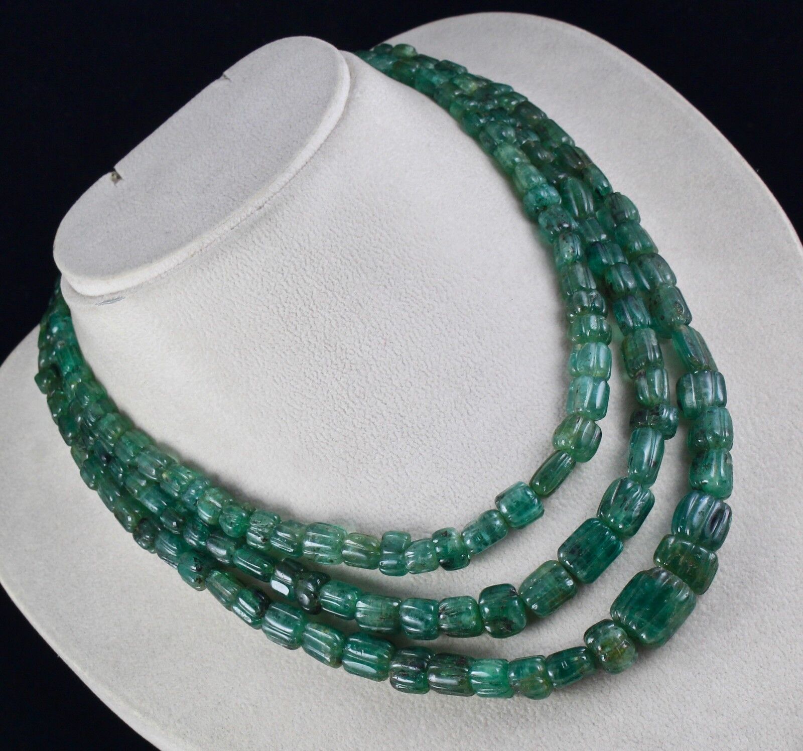 Antique Natural Emerald Beaded Necklace 3 Line 746 Carats Carved Drill Gemstone 