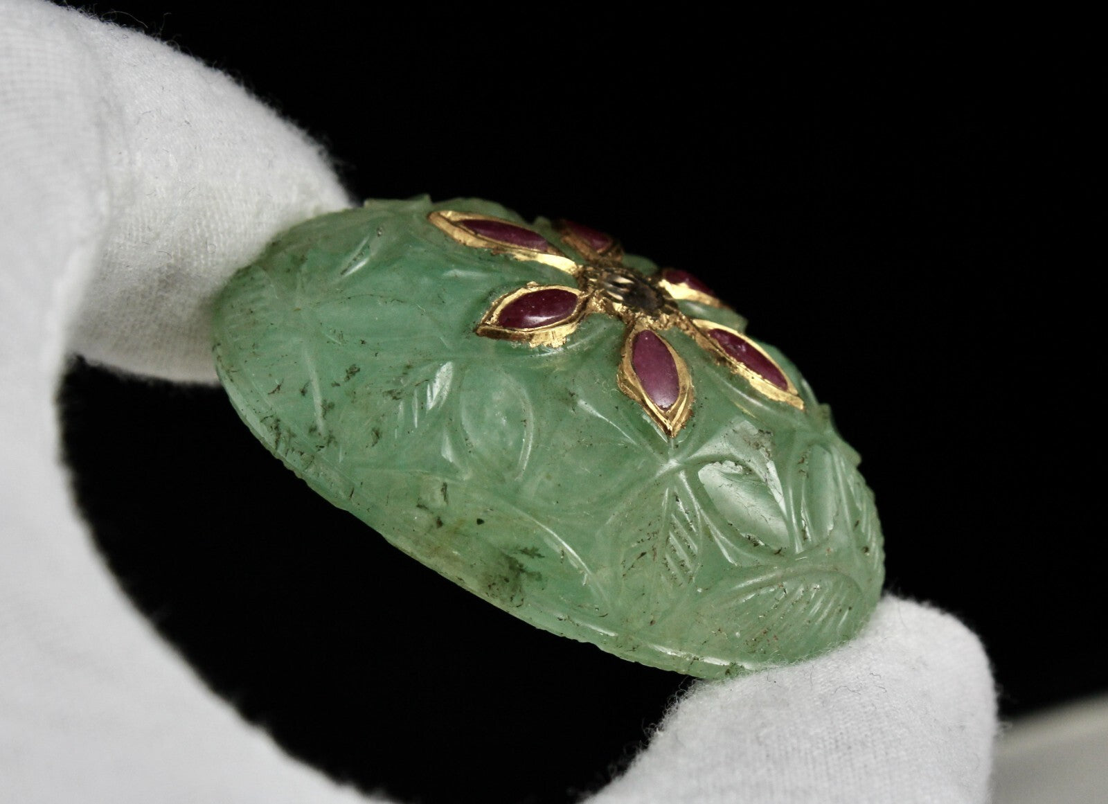 Certified Mughal Emerald Quartz 10ct Carved Ruby 22k Gold Pendant Design