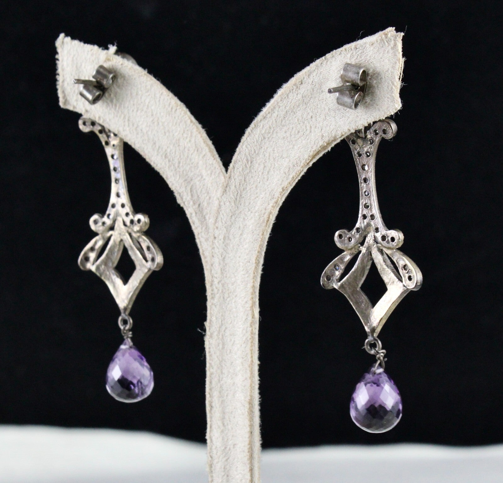 Natural Amethyst 10ct Teardrop Natural Diamond 925 Sterling Silver Earrings