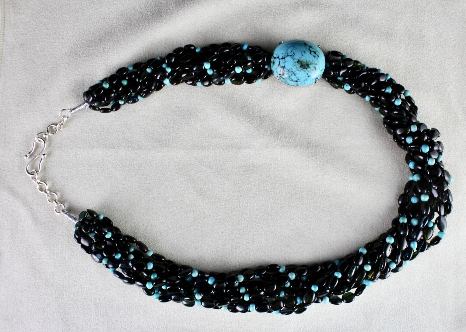 FINE NATURAL BLACK TOURMALINE TURQUOISE BEADED DESIGNER GEMSTONE SILVER NECKLACE