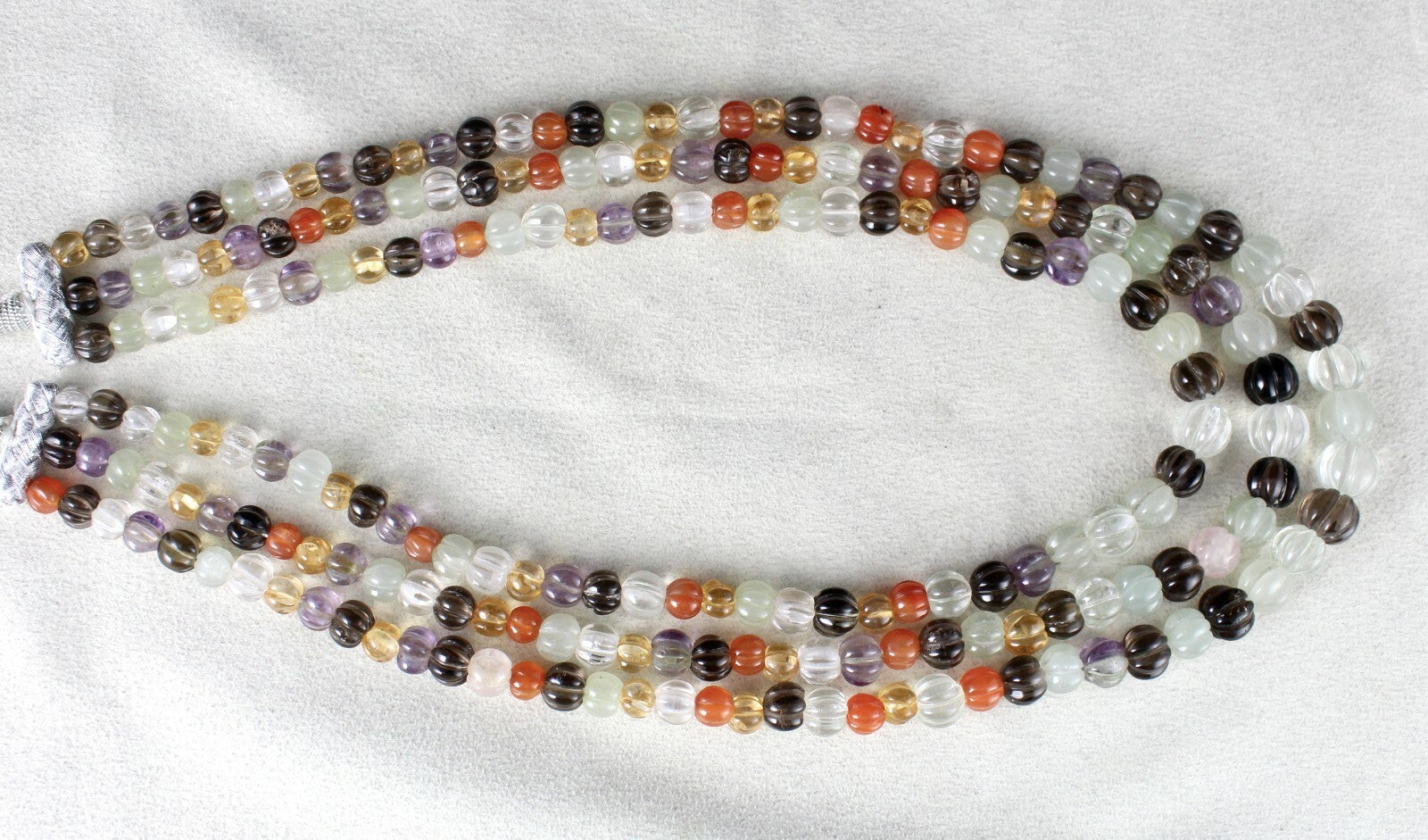 Classic Multi Natural Semi Precious 588 Ct Carved Melon Beaded Necklace 3 Line