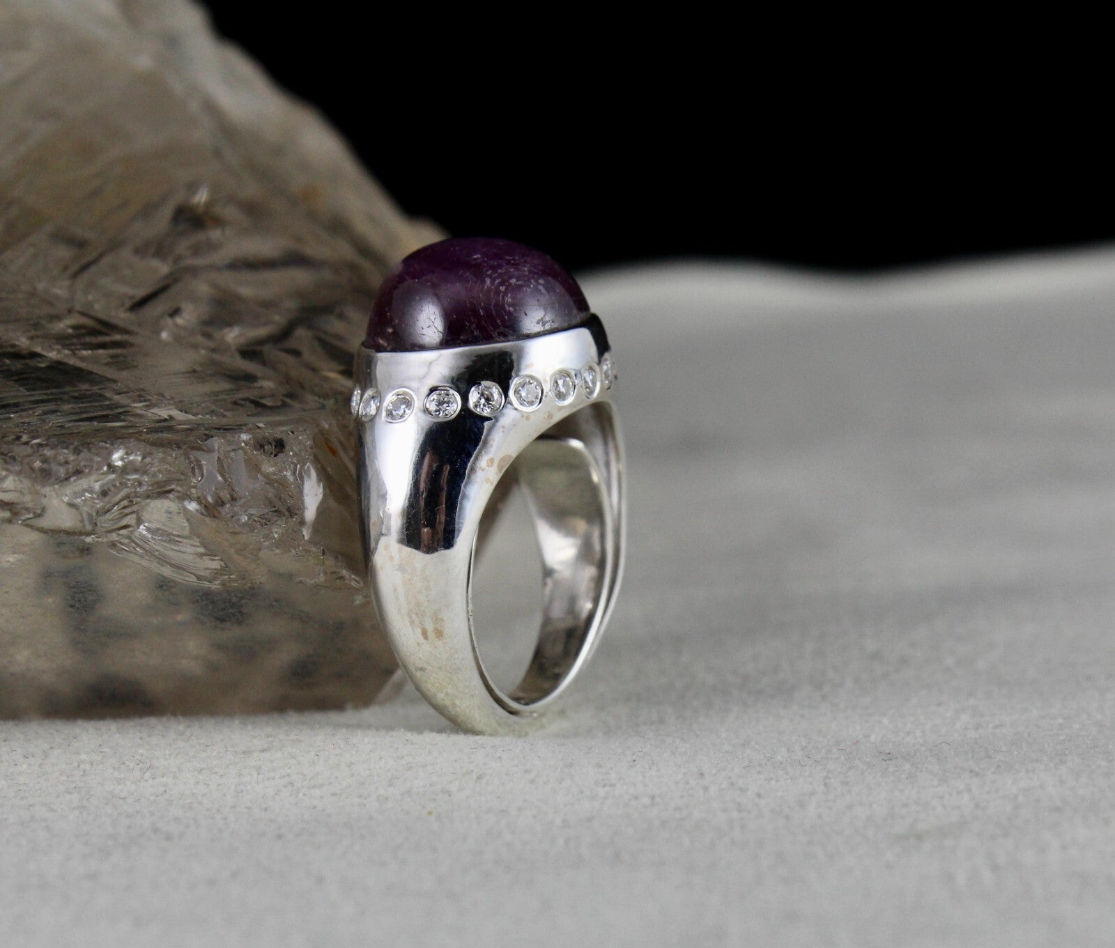 Certified Natural Ruby Star 44.21ct Sterling Silver Ring Moissanite Diamond