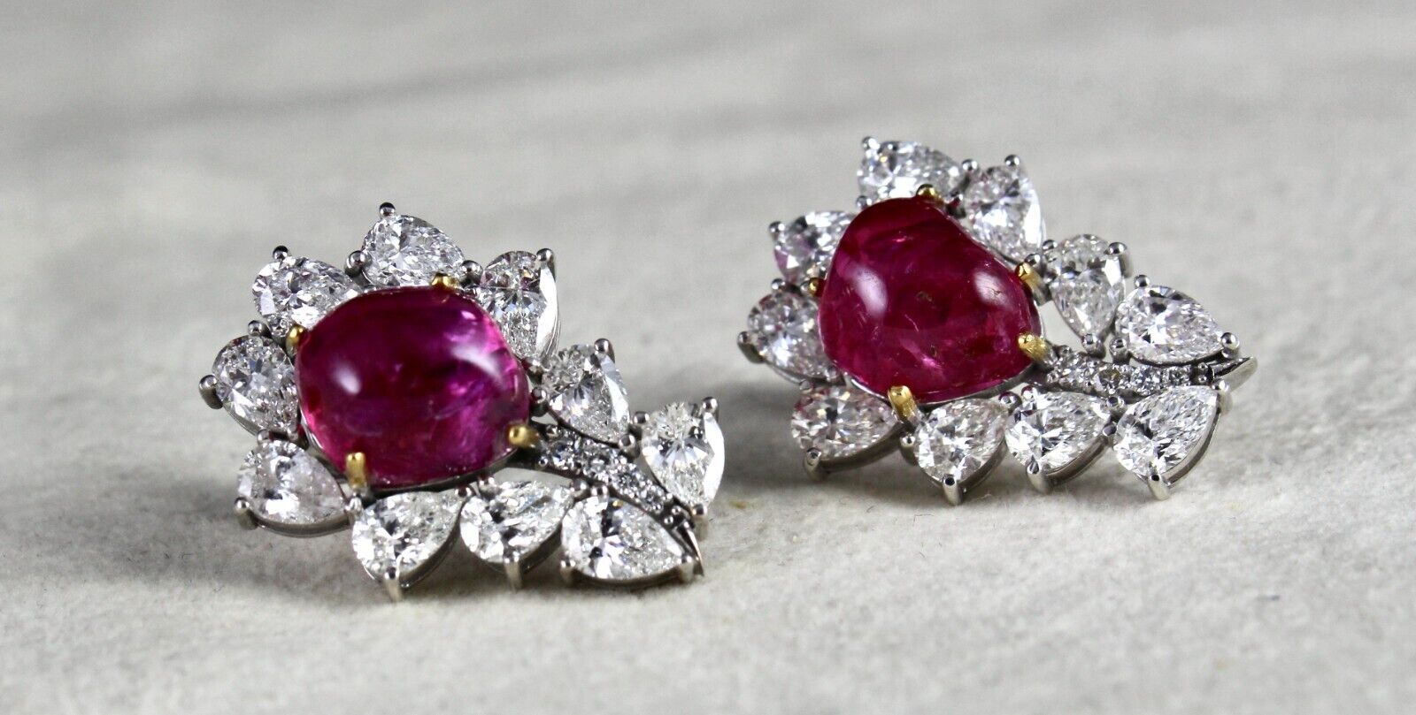 Certified Natural Burma Ruby Cabochon Pear Diamond 18K Gold Stud Earring