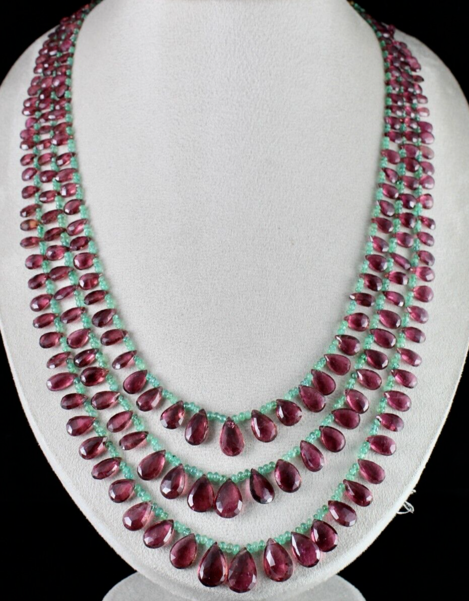 NATURAL TOURMALINE RUBELLITE TEARDROPS EMERALD BEADED  3L 596 CT FINEST NECKLACE