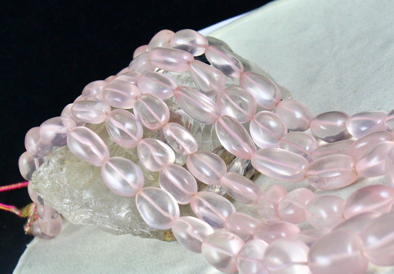 NATURAL ROSE QUARTZ BEADS CABOCHON 3 LINE 1415 CARATS GEMSTONE FASHION NECKLACE