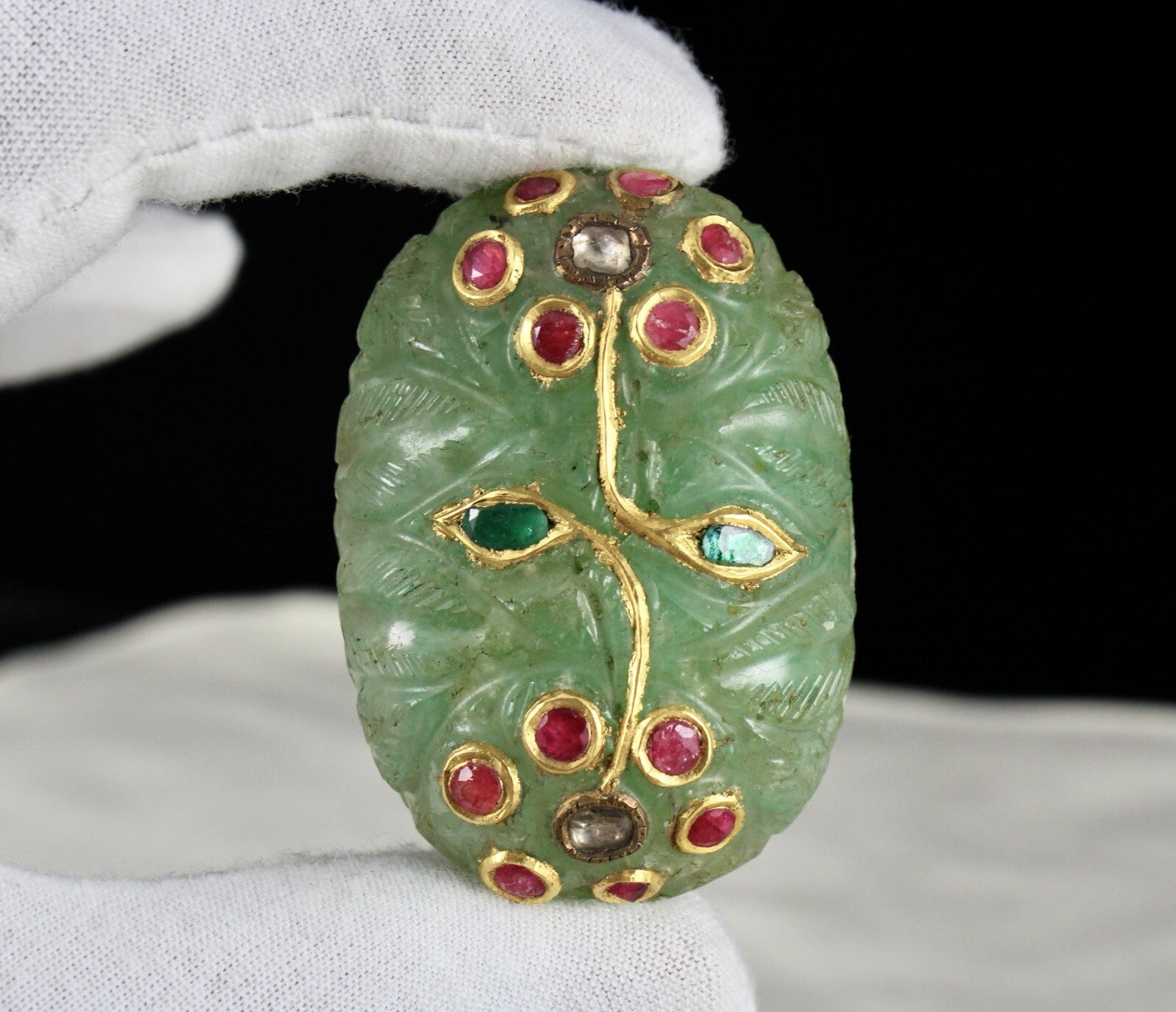 Certified Mughal Emerald Quartz 10ct Carved Natural Diamond Ruby Gold Pendant