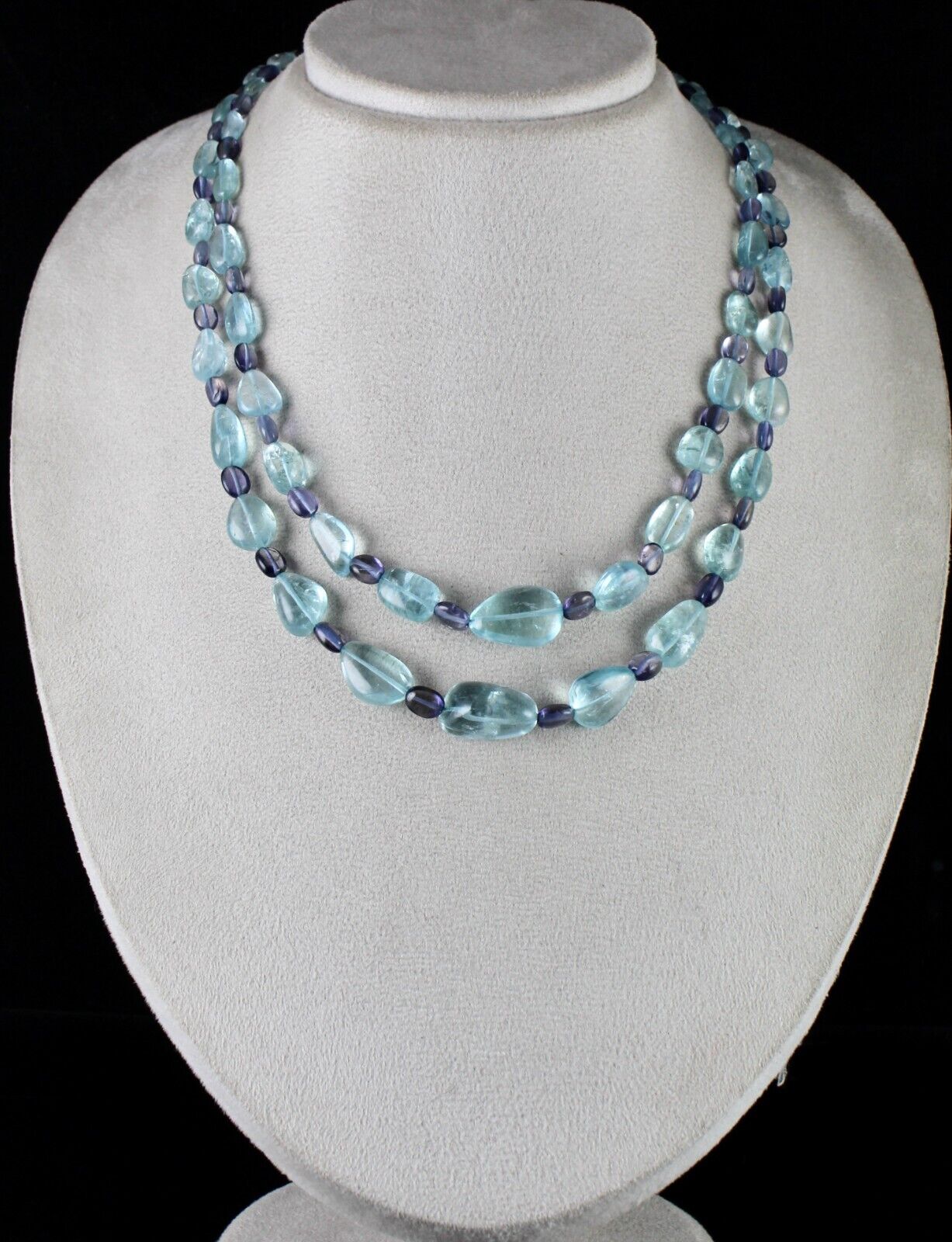 Certified Blue Natural Aquamarine Iolite Beads 2 L 334 Ct Gemstone Fine Necklace