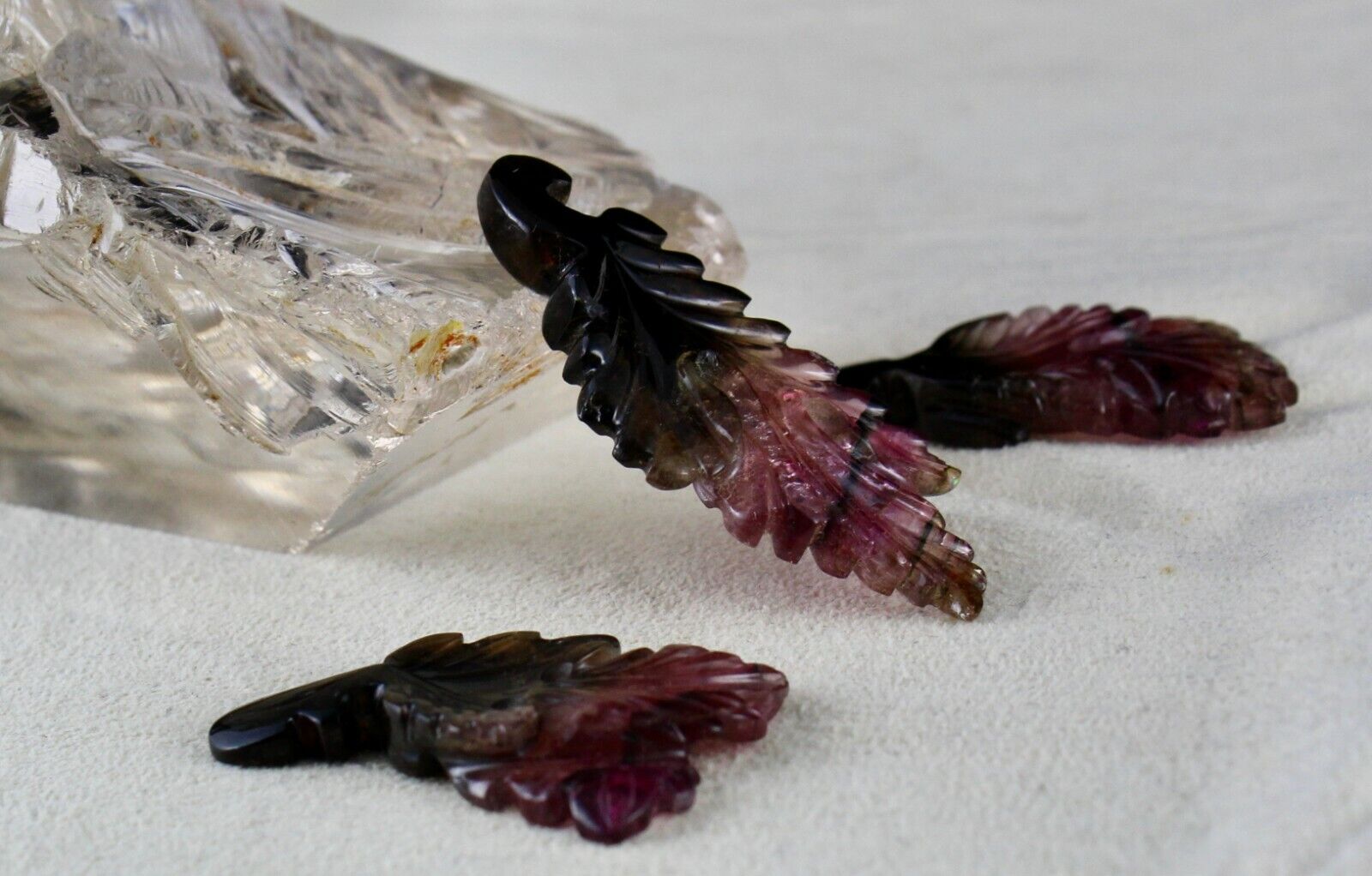 NATURAL MULTI TOURMALINE CARVED LEAVES 3 PCS 108 CTS GEMSTONE EARRING PENDANT