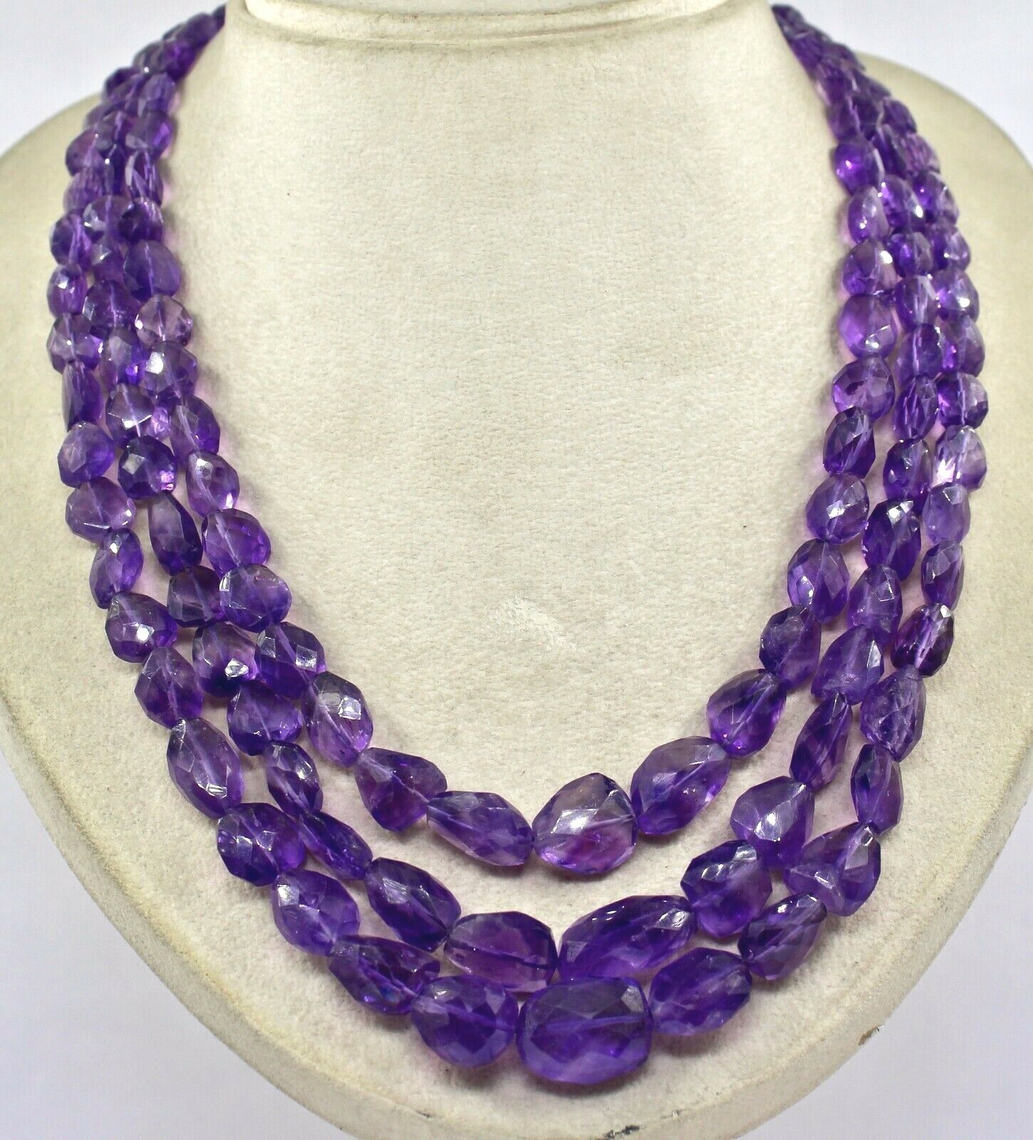 NATURAL PURPLE AMETHYST BEADS FACETED NUGGET 3 LINE 833 CARATS GEMSTONE NECKLACE