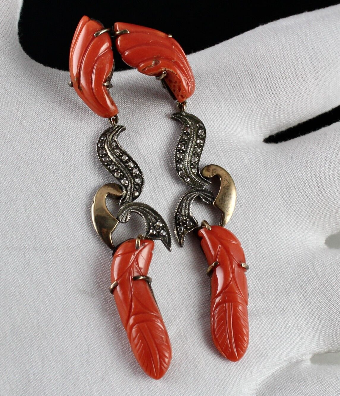 ESTATE NATURAL RED CORAL CARVED DIAMOND 18K GOLD  925 SILVER VICTORIAN EARRING