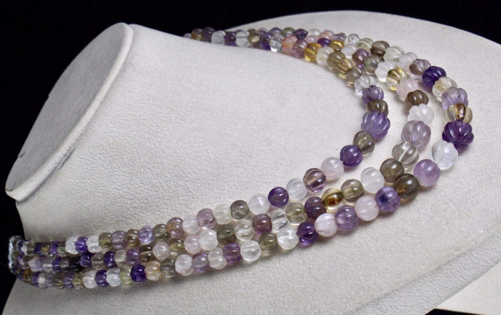 MULTI MIX CARVED SEMI-PRECIOUS BEADS 3 LINE 498 CARATS GEMSTONE FASHION NECKLACE